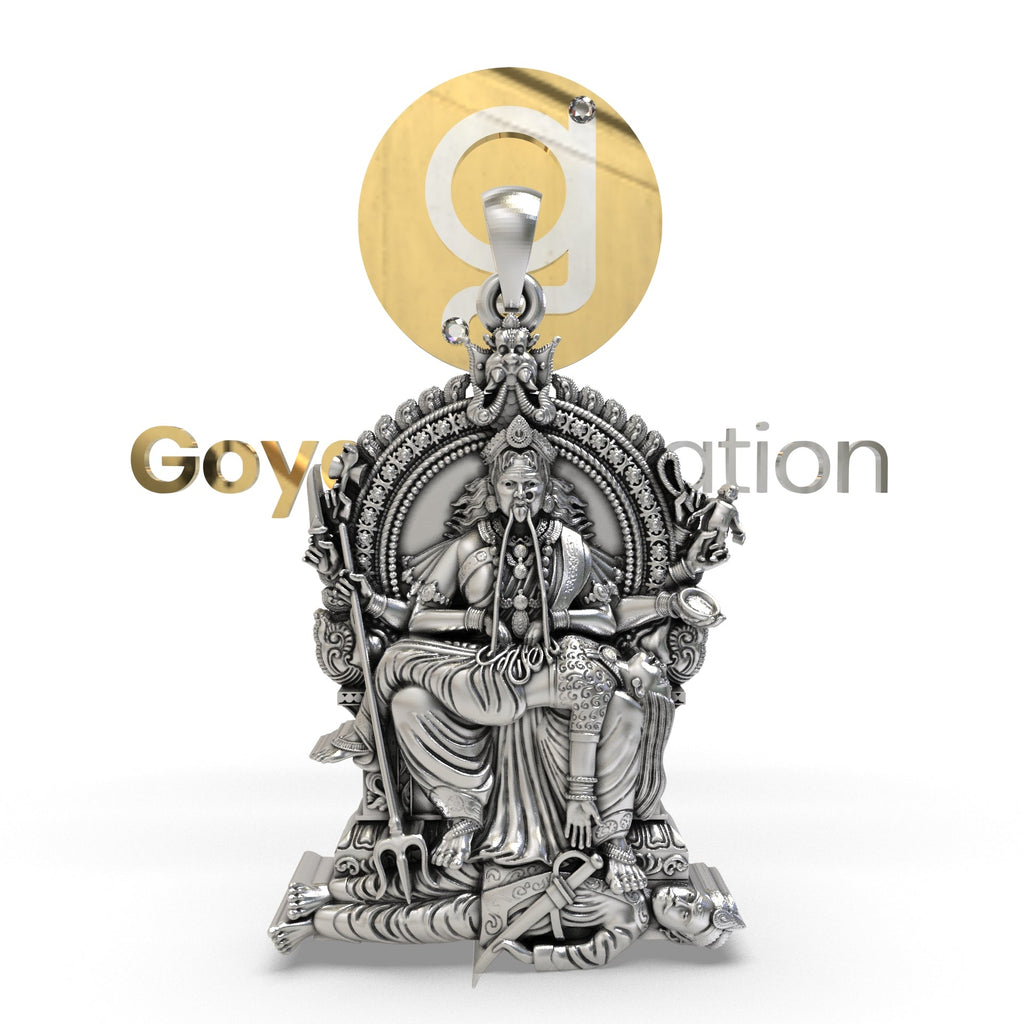 A detailed front view of the Periyachi Amman 925 silver pendant, showcasing its fierce and intricate design.