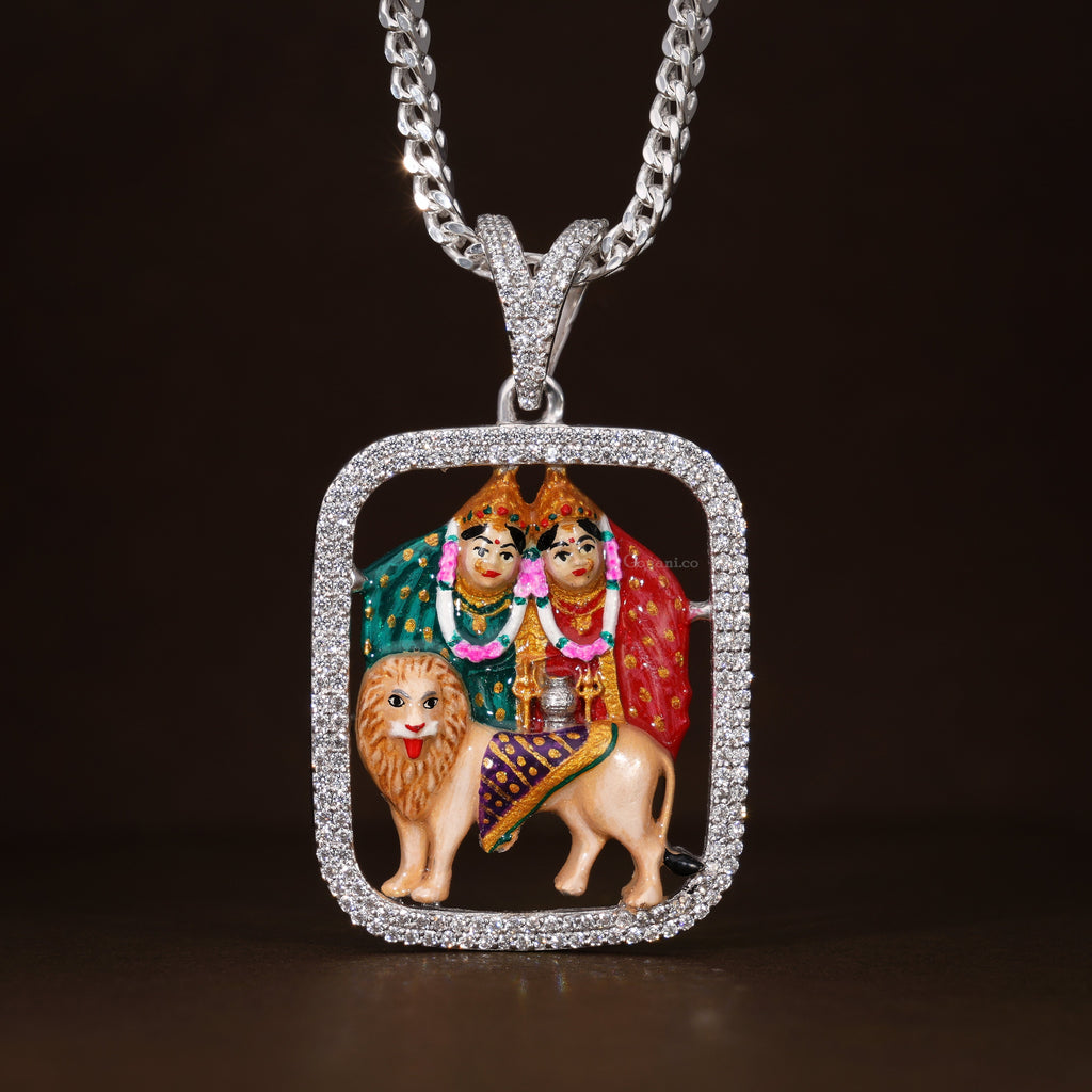 Enamelled Chamudamaa 925 Silver Pendant worn on a model to show its scale and how it hangs on a silver chain.