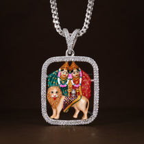 Enamelled Chamudamaa 925 Silver Pendant worn on a model to show its scale and how it hangs on a silver chain.