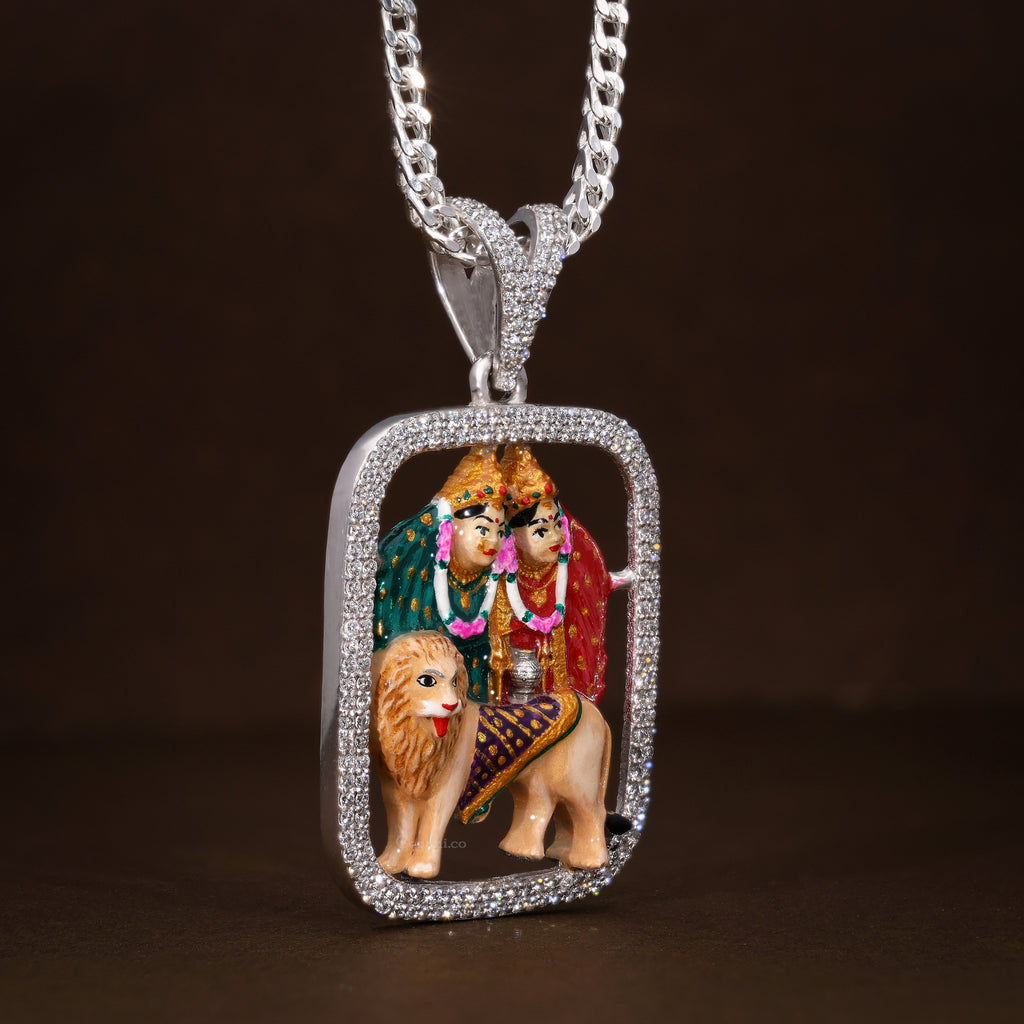 Lifestyle image showing the Enamelled Chamudamaa 925 Silver Pendant as a statement piece of spiritual jewelry.