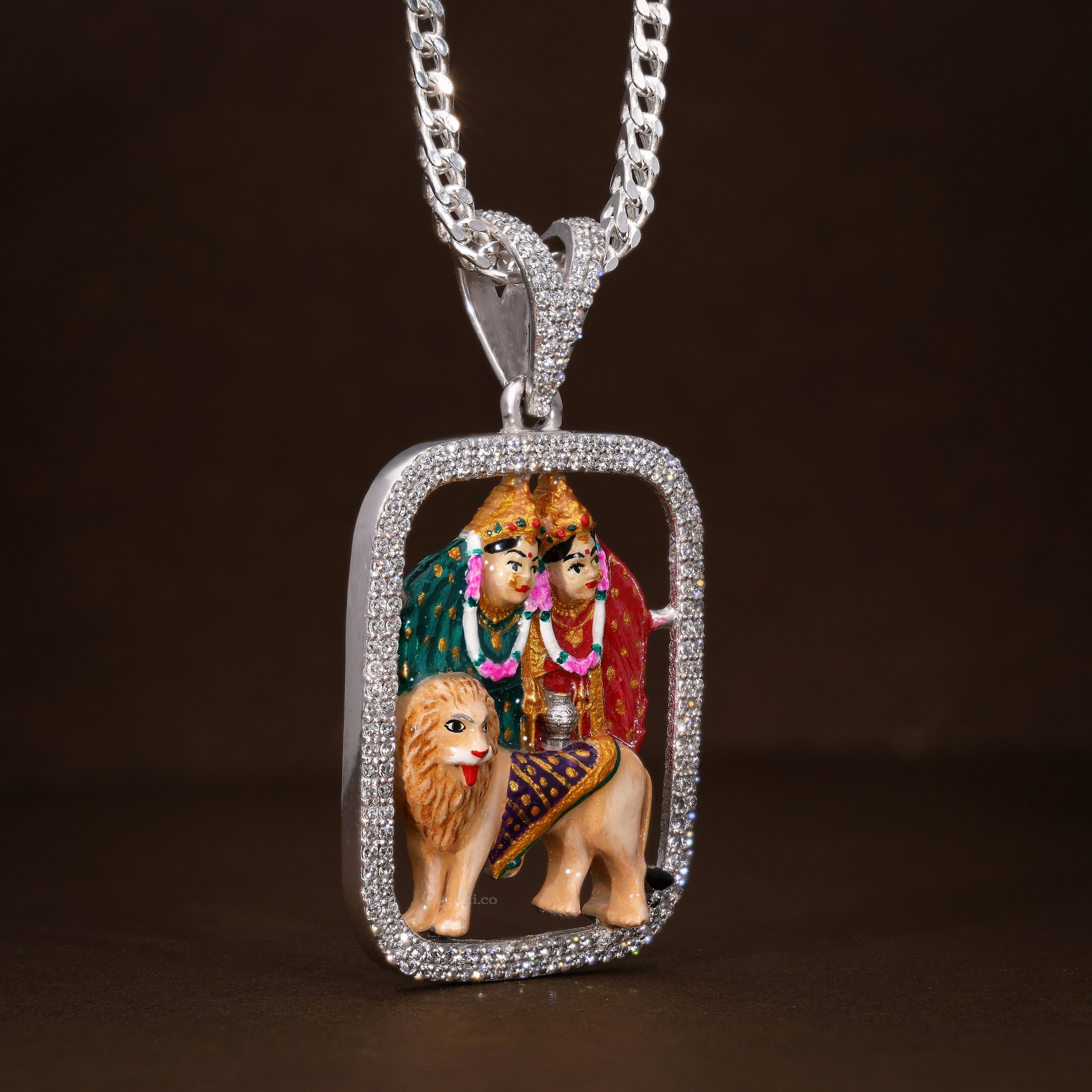 Lifestyle image showing the Enamelled Chamudamaa 925 Silver Pendant as a statement piece of spiritual jewelry.