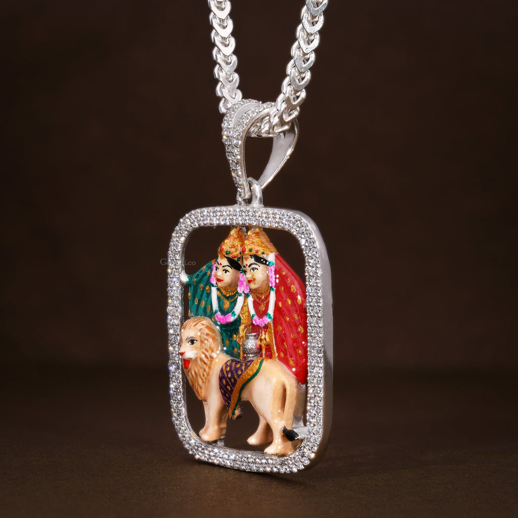 Side profile of the Enamelled Chamudamaa 925 Silver Pendant, displaying its handcrafted silver thickness.
