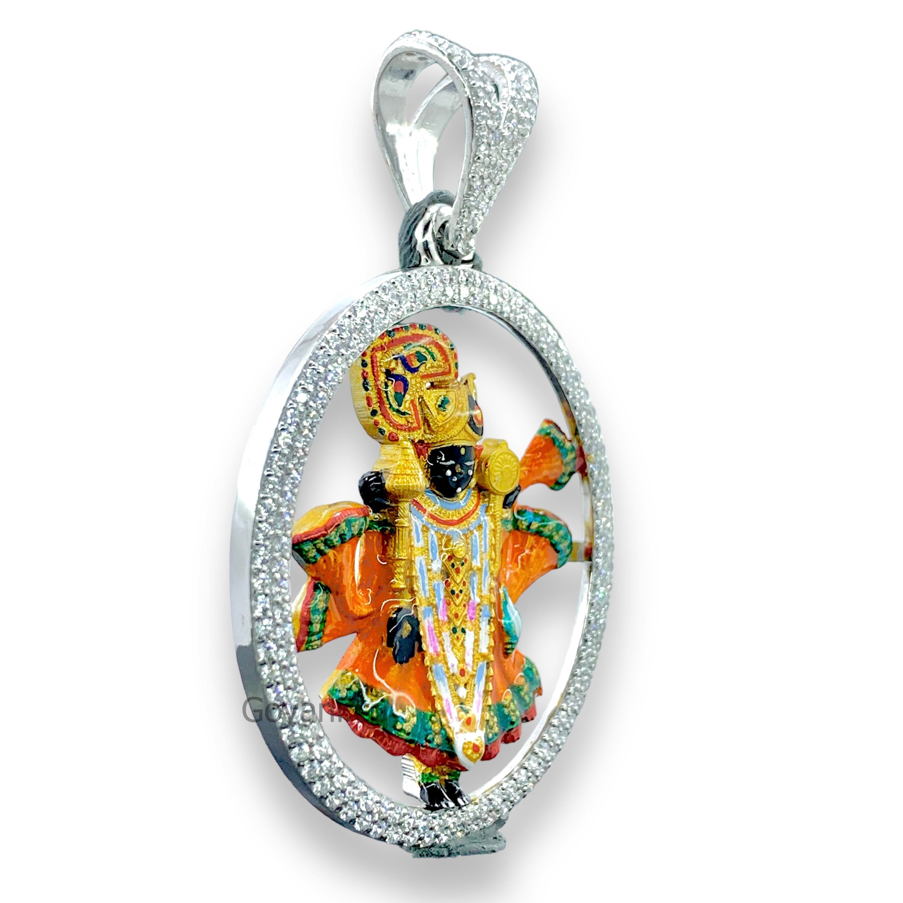 Side profile of the Dwarkadhish Enamel 925 Silver Pendant, displaying its substantial 40mm size and intricate design.