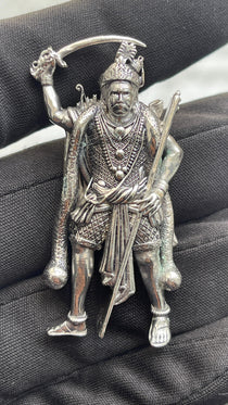 The 925 Silver Madurai Veeran Pendant shown worn to demonstrate its size and how it looks as a piece of daily jewelry.