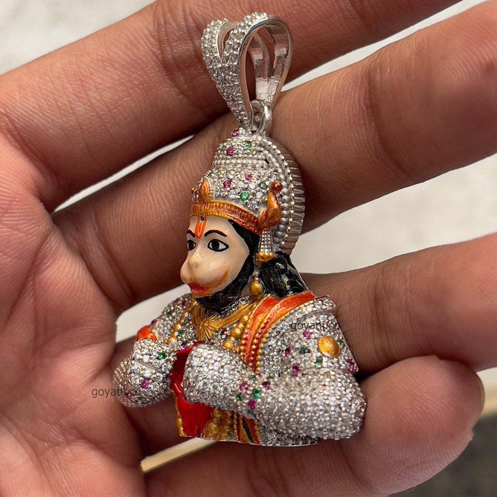 A close-up of the hip hop style Hanumanji pendant, showing the intricate craftsmanship of the diamonds and silver face.
