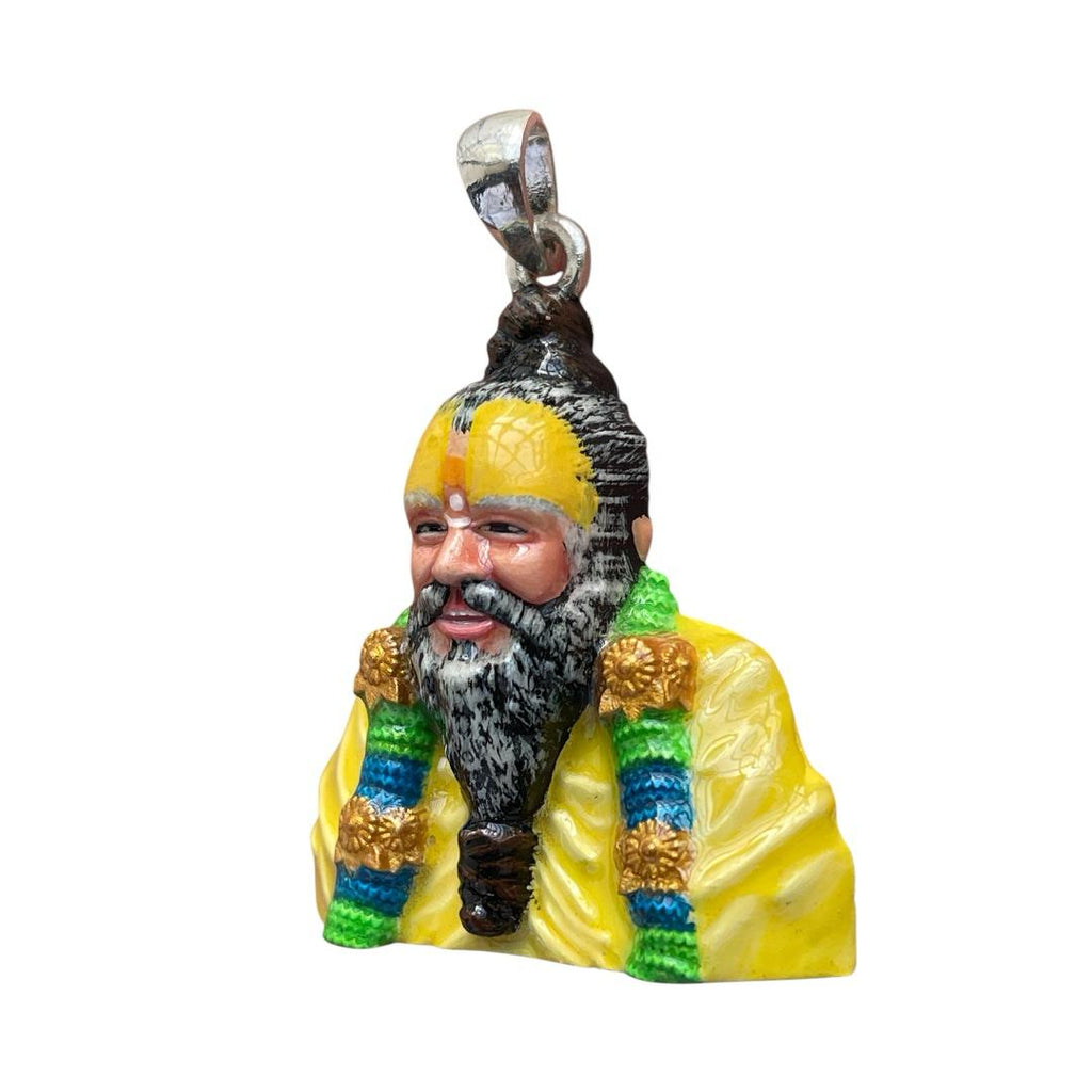 Angled side view of the Premanand Govind Sharan pendant in hallmarked 925 sterling silver, showing its depth.