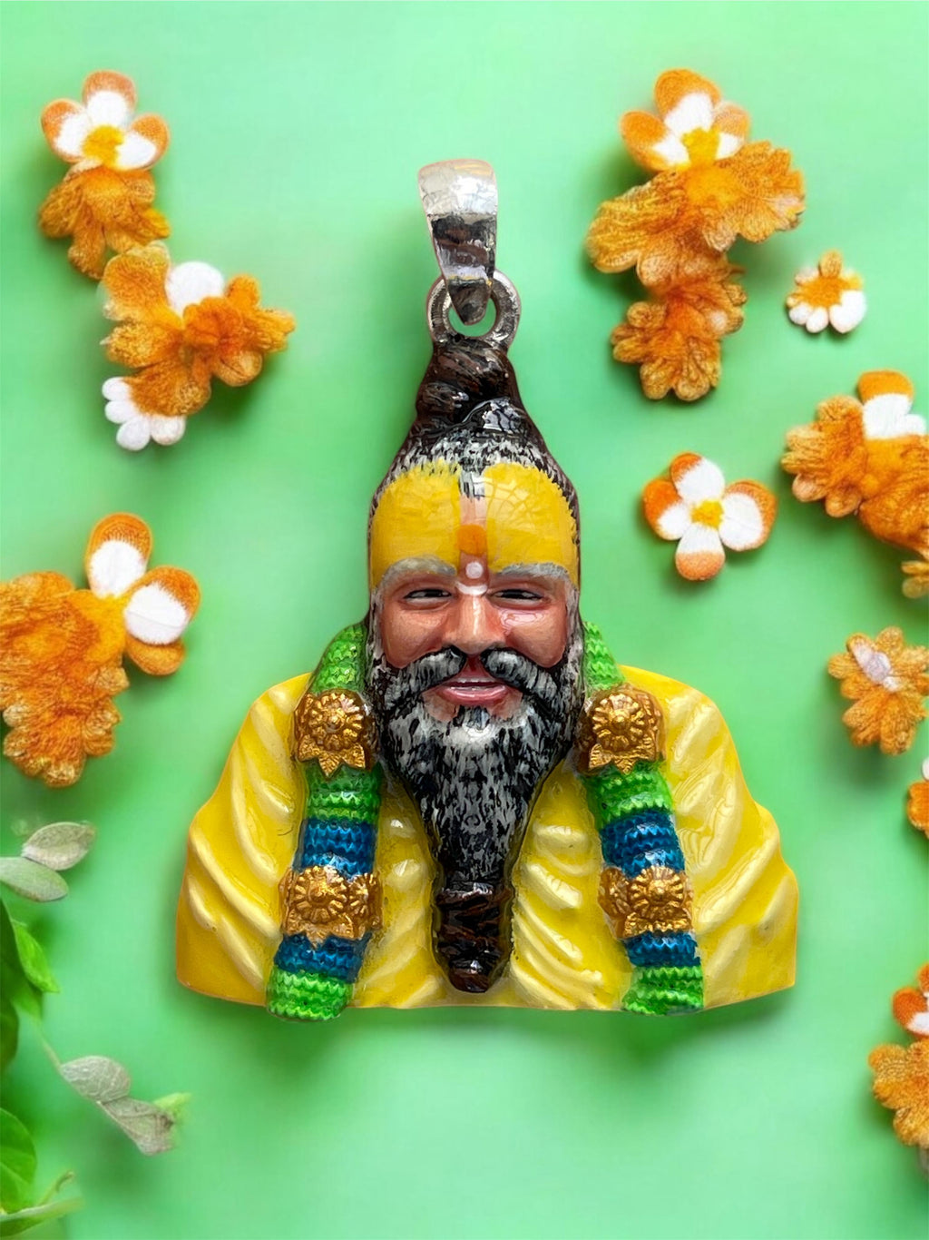 Front view of the 925 Silver Premanand Govind Sharan Pendant showcasing the intricate Meena enamel work.