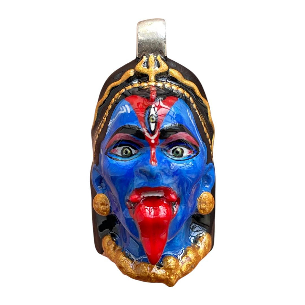Front view of the handcrafted 925 silver Kali face pendant, showcasing the detailed Meena work and Kali Yantra.