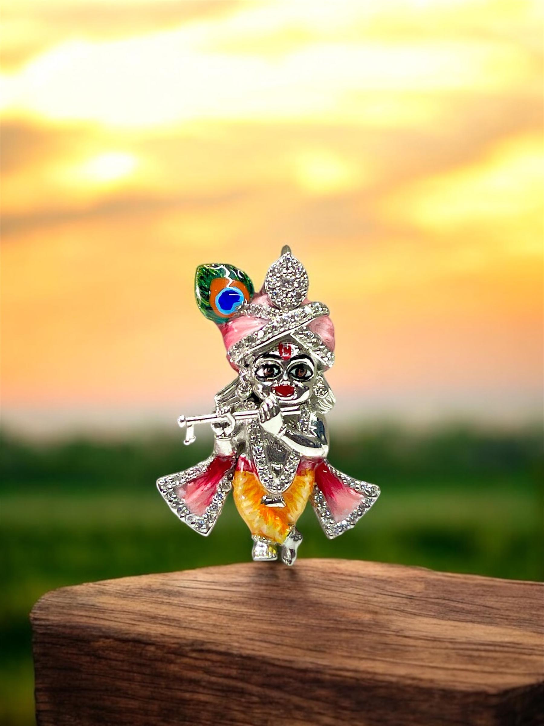 Front view of the 925 silver Little Krishna pendant with colorful enamel work, a divine Bal Gopal idol for blessings. Main image