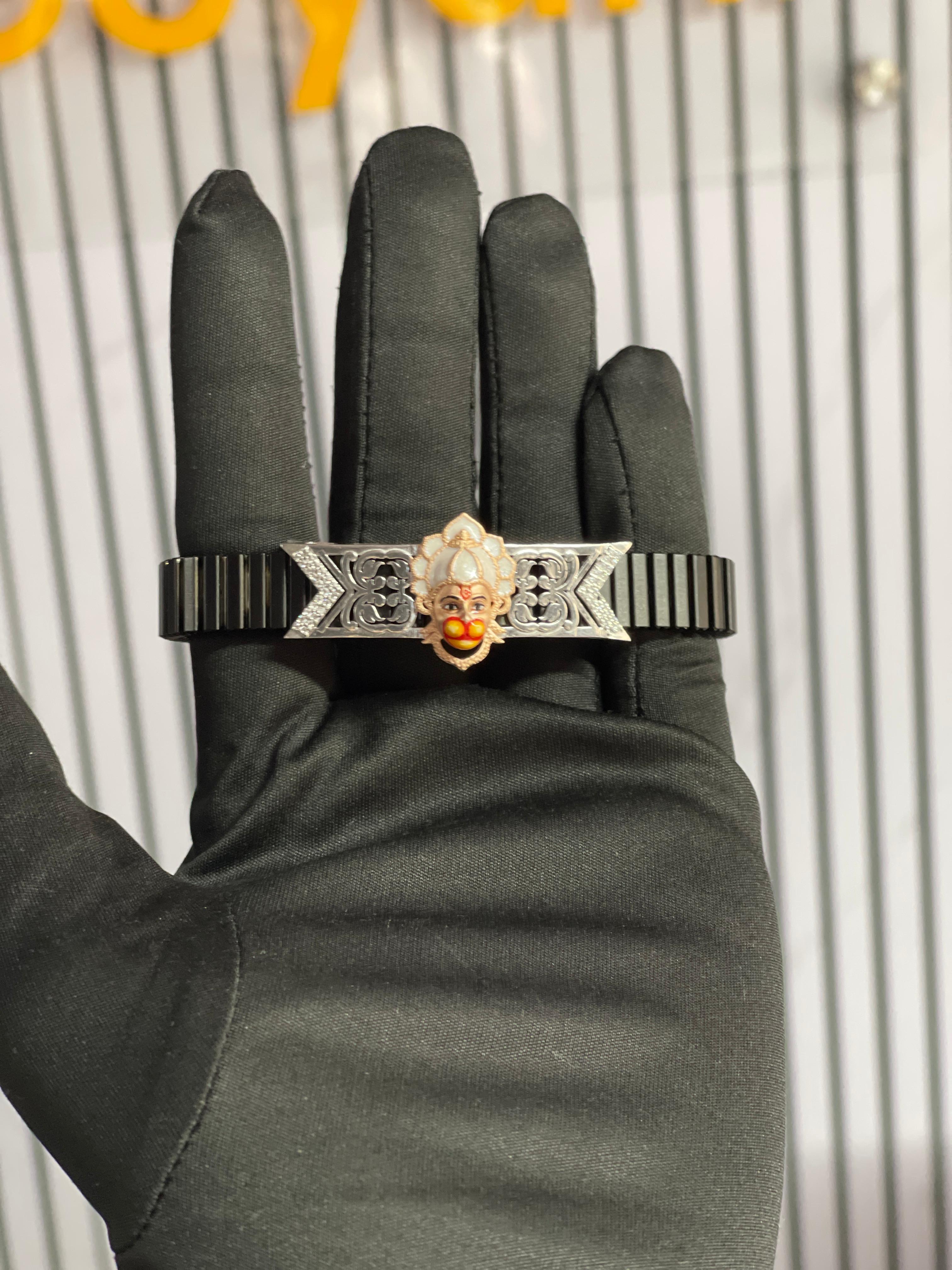 Front view of the 925 silver Hanumanji bracelet, showcasing the detailed Mina work and sparkling stones on the centerpiece.
