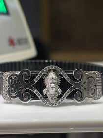 An angled view of the spiritual 925 silver Hanumanji bracelet, showcasing its polished finish and secure clasp.
