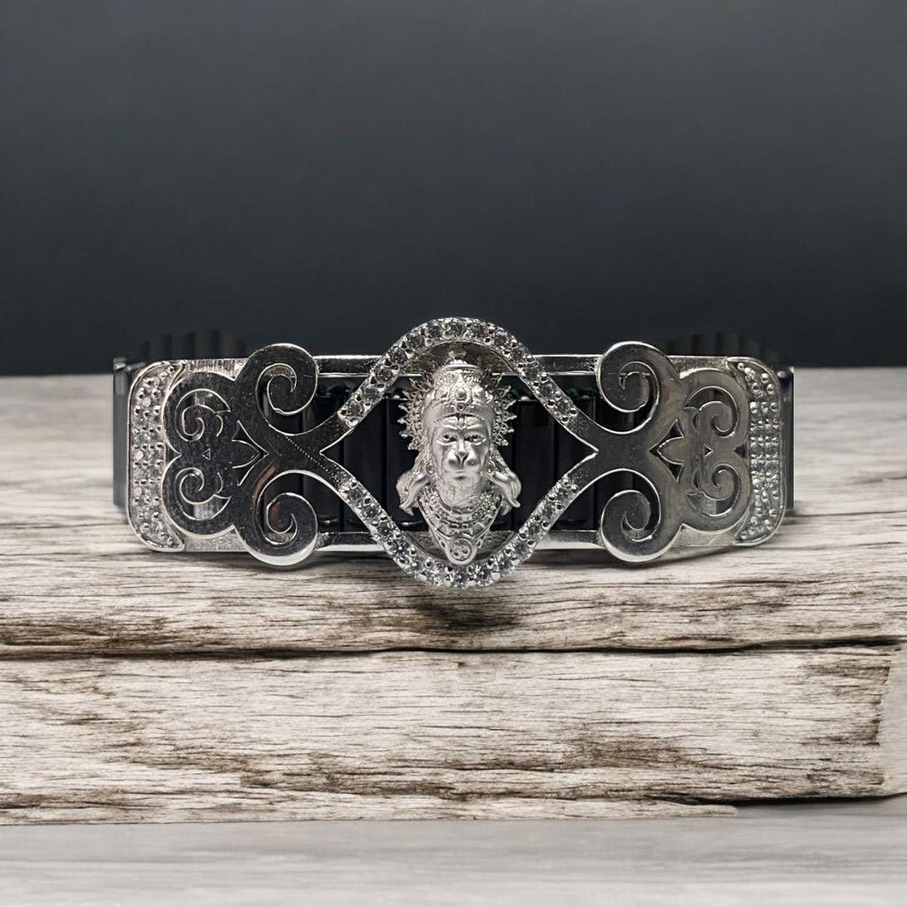 Front view of a 925 silver Hanumanji bracelet, showing the detailed Mina work and diamond accents on the central figure.