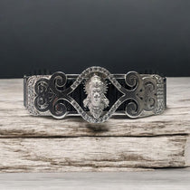 Front view of a 925 silver Hanumanji bracelet, showing the detailed Mina work and diamond accents on the central figure.