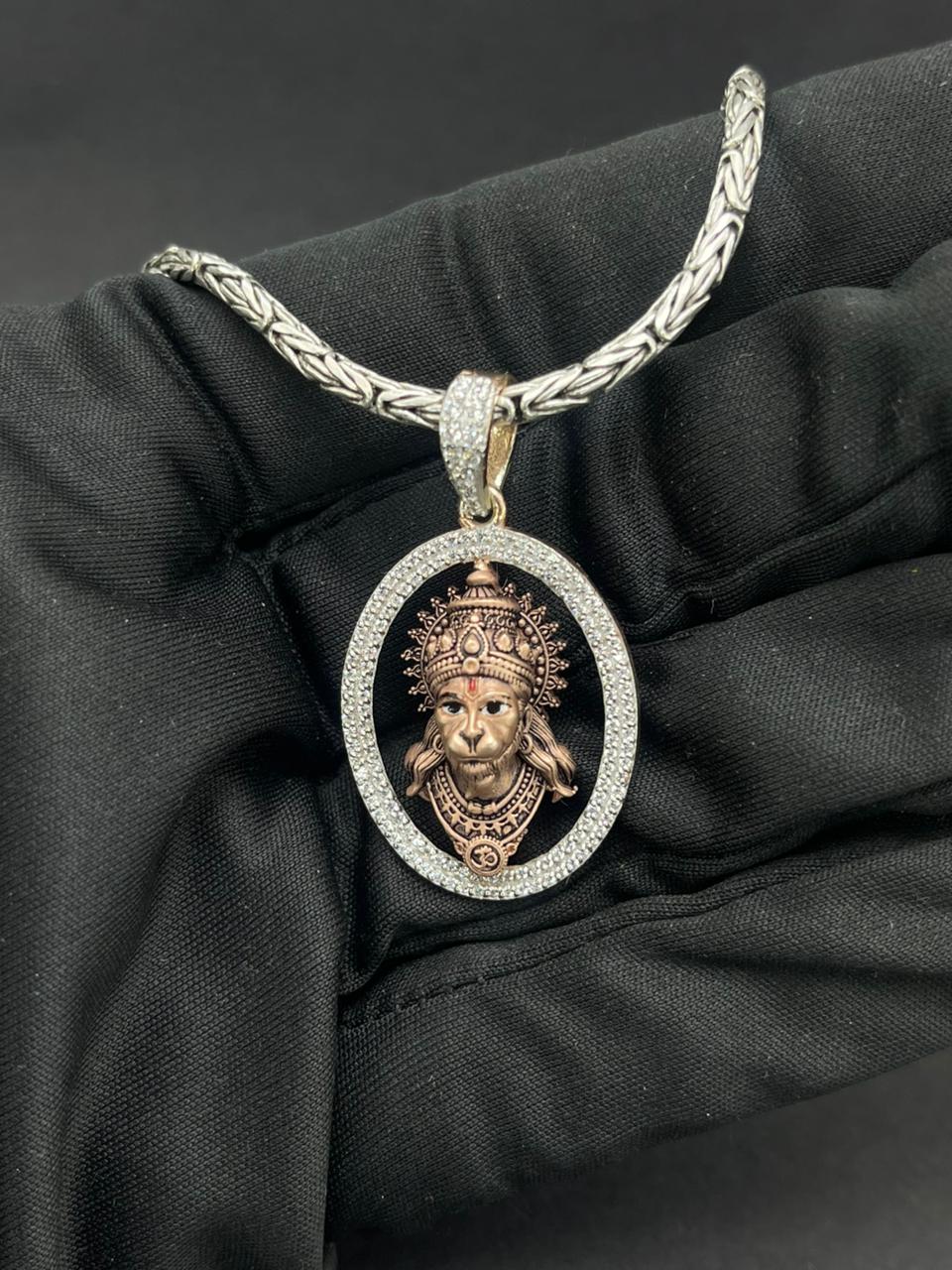 Hanumanji Face Pendant in 925 Sterling Silver with Diamond Frame & Meena Work Secondary image