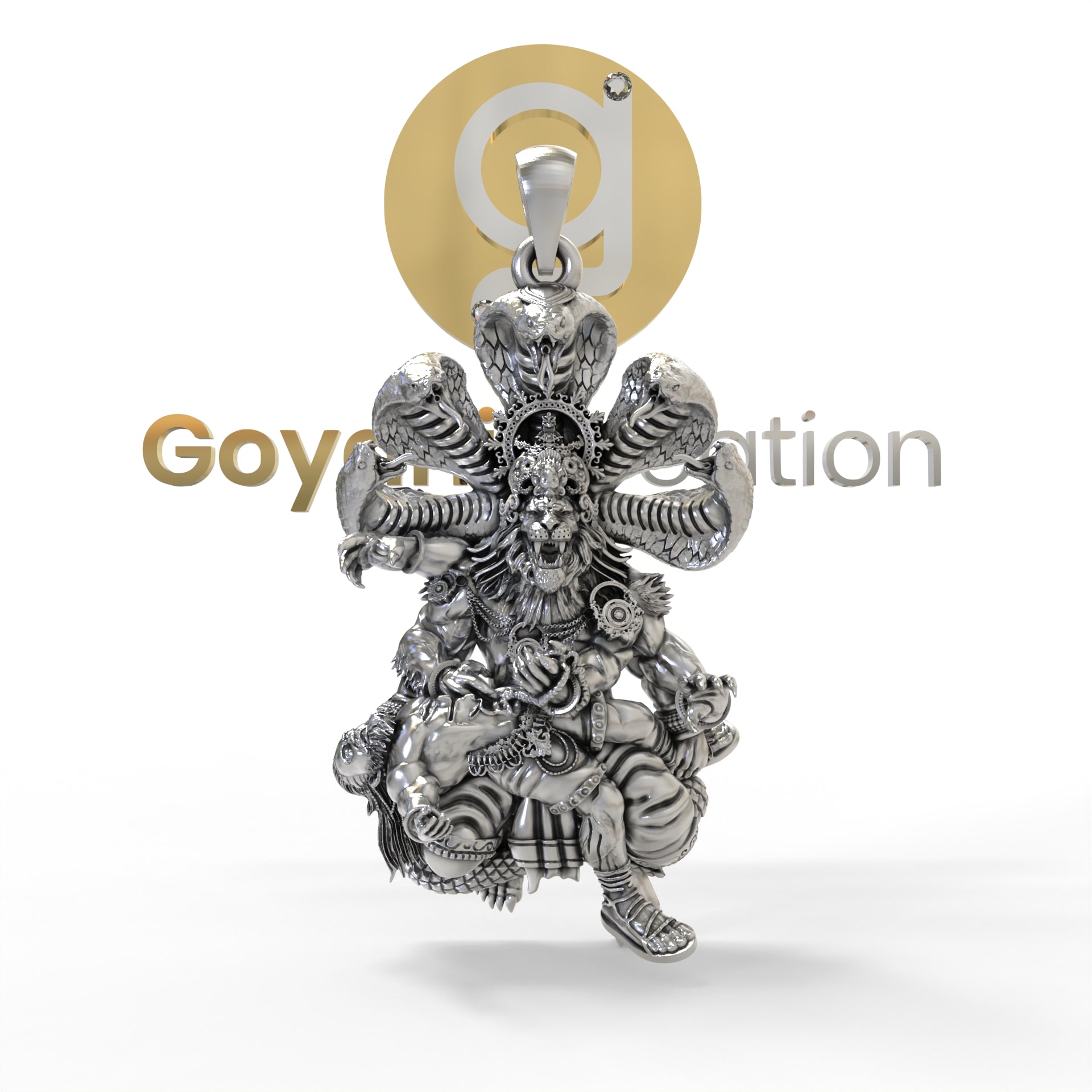 Front view of the handcrafted 925 Silver Narasimha Pendant with an oxidized finish from Alankar.