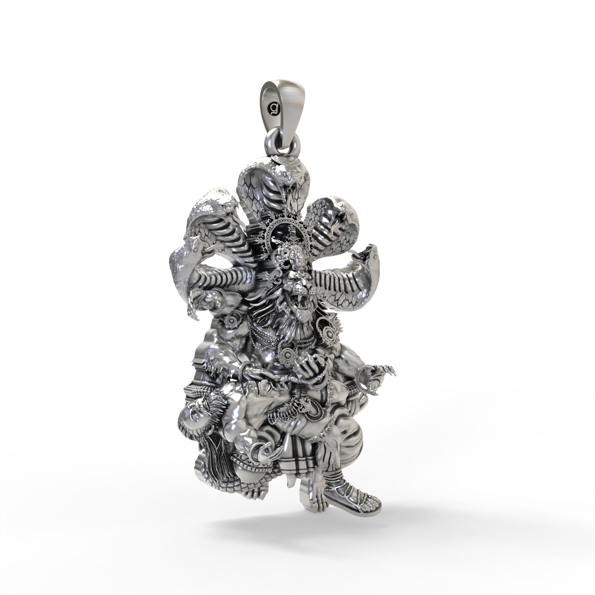 Detailed close-up shot of the 925 sterling silver Narasimha pendant, showing the intricate carving.