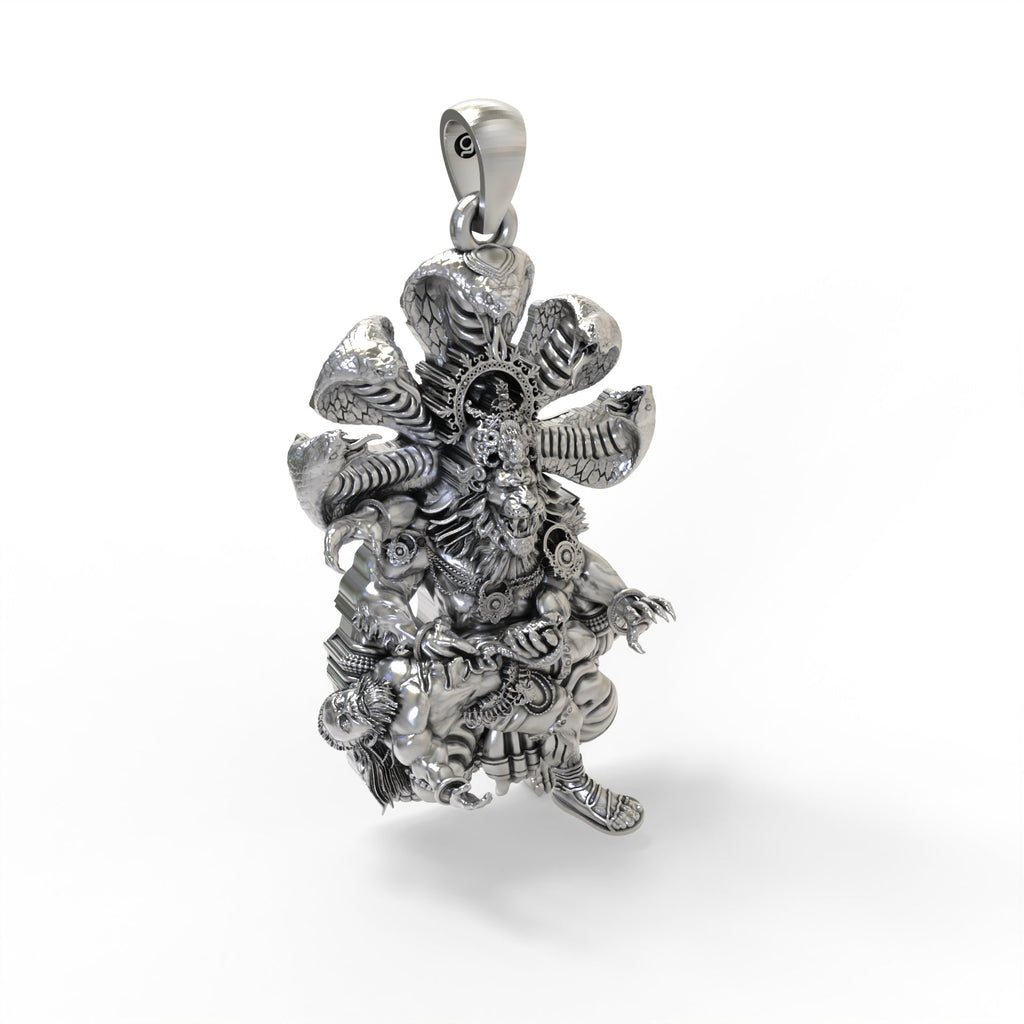 Side view of the oxidized 925 Silver Narasimha Pendant showcasing its depth and handmade details.