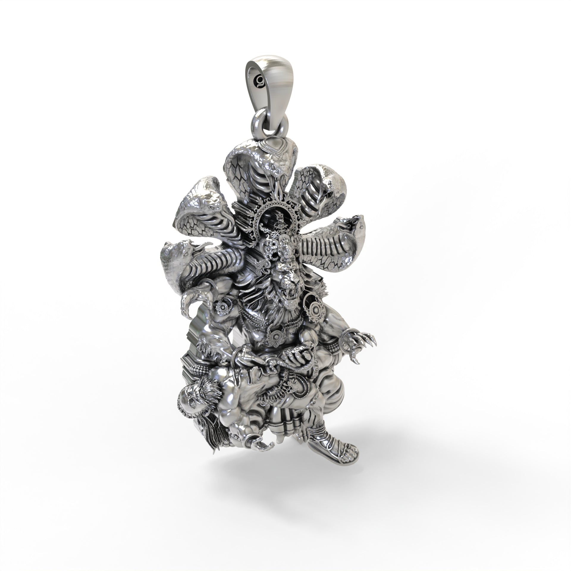 Side view of the oxidized 925 Silver Narasimha Pendant showcasing its depth and handmade details.