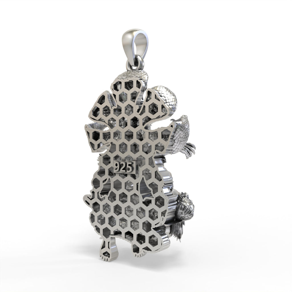 The Silver Narasimha Pendant worn with a chain to show its size and how it hangs for daily wear.