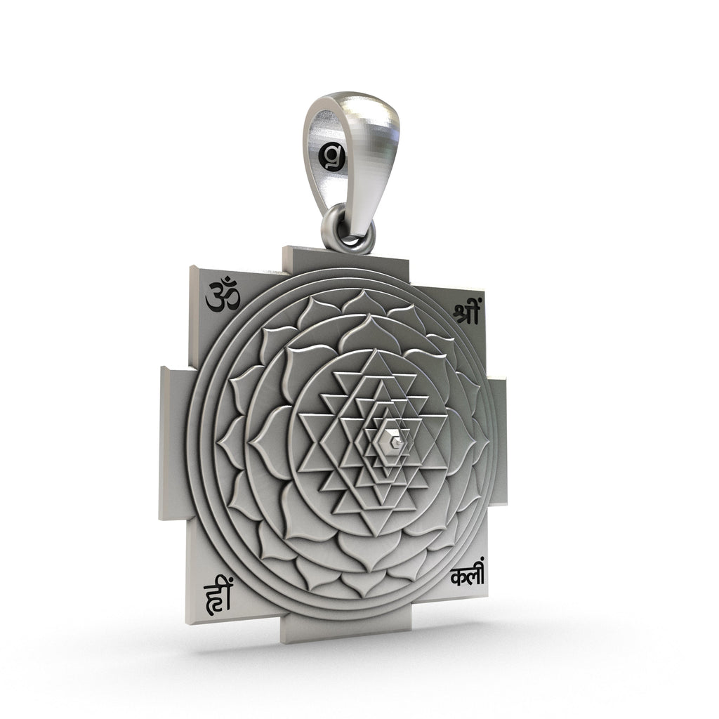 Side profile of the lightweight 925 Silver Shri Yantra Pendant with a hollow back design.