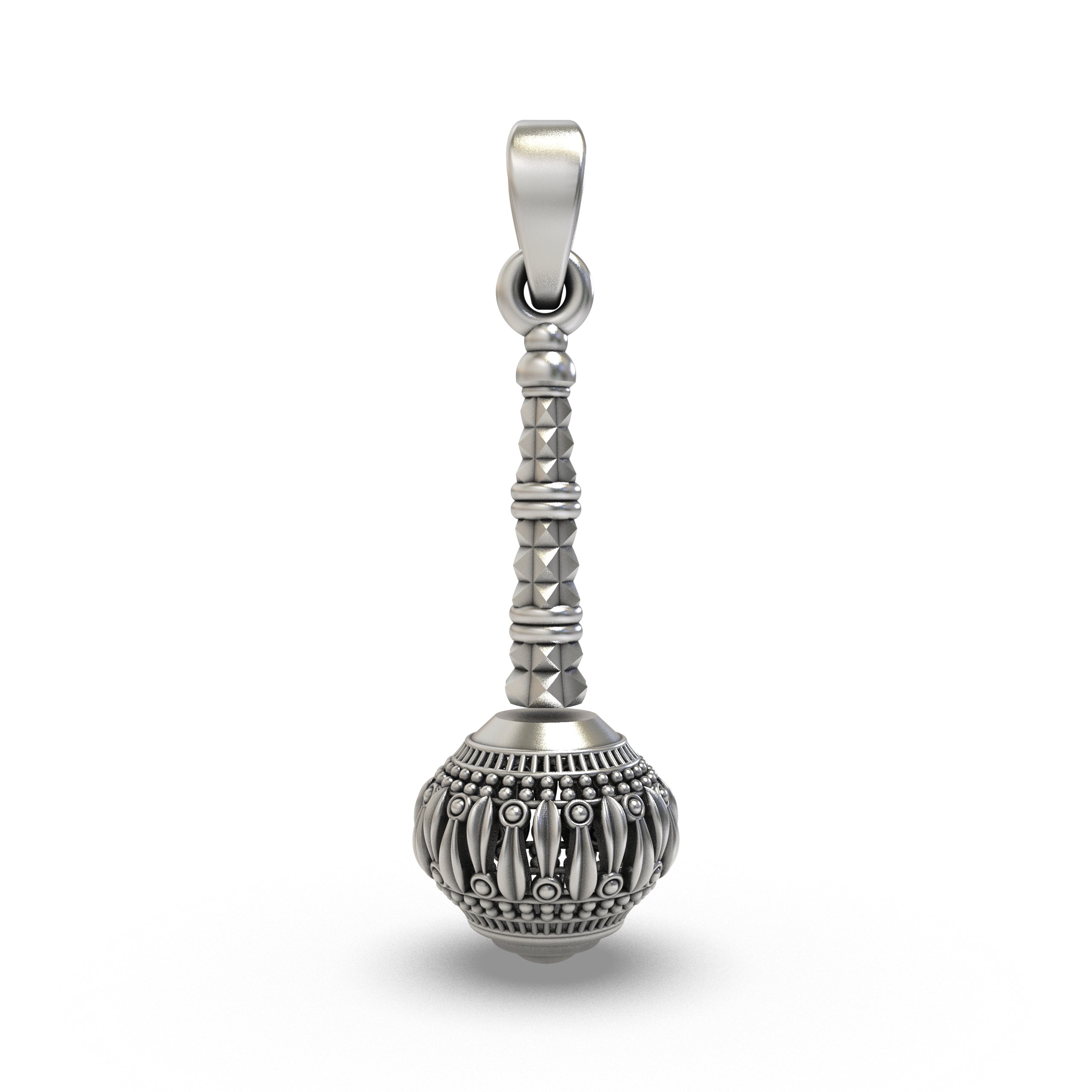 Front view of the 925 Silver Hanumanji Gada Pendant showing intricate pure sterling silver details.