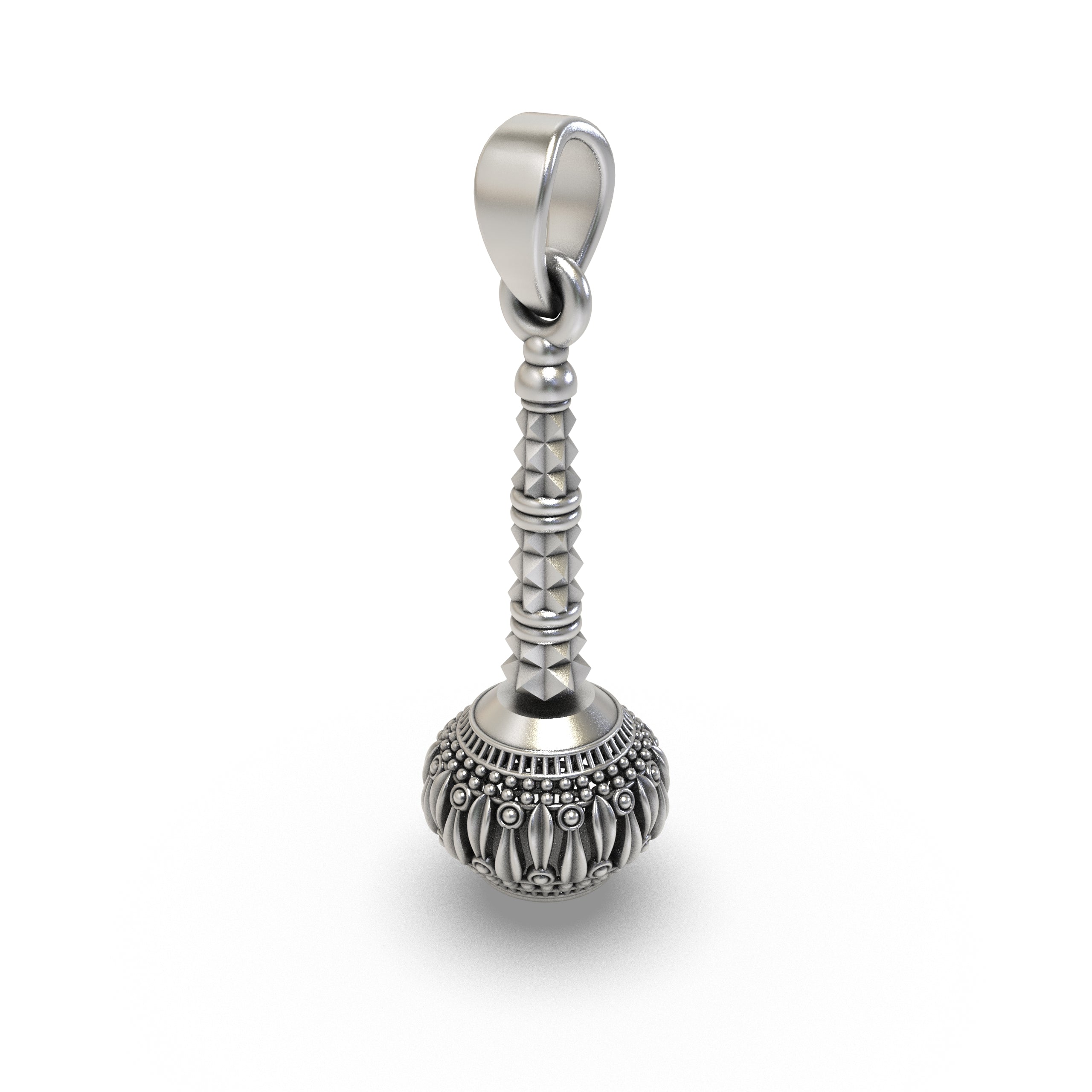 Angled shot of the 925 Silver Hanumanji Gada Pendant emphasizing its divine strength symbolism.