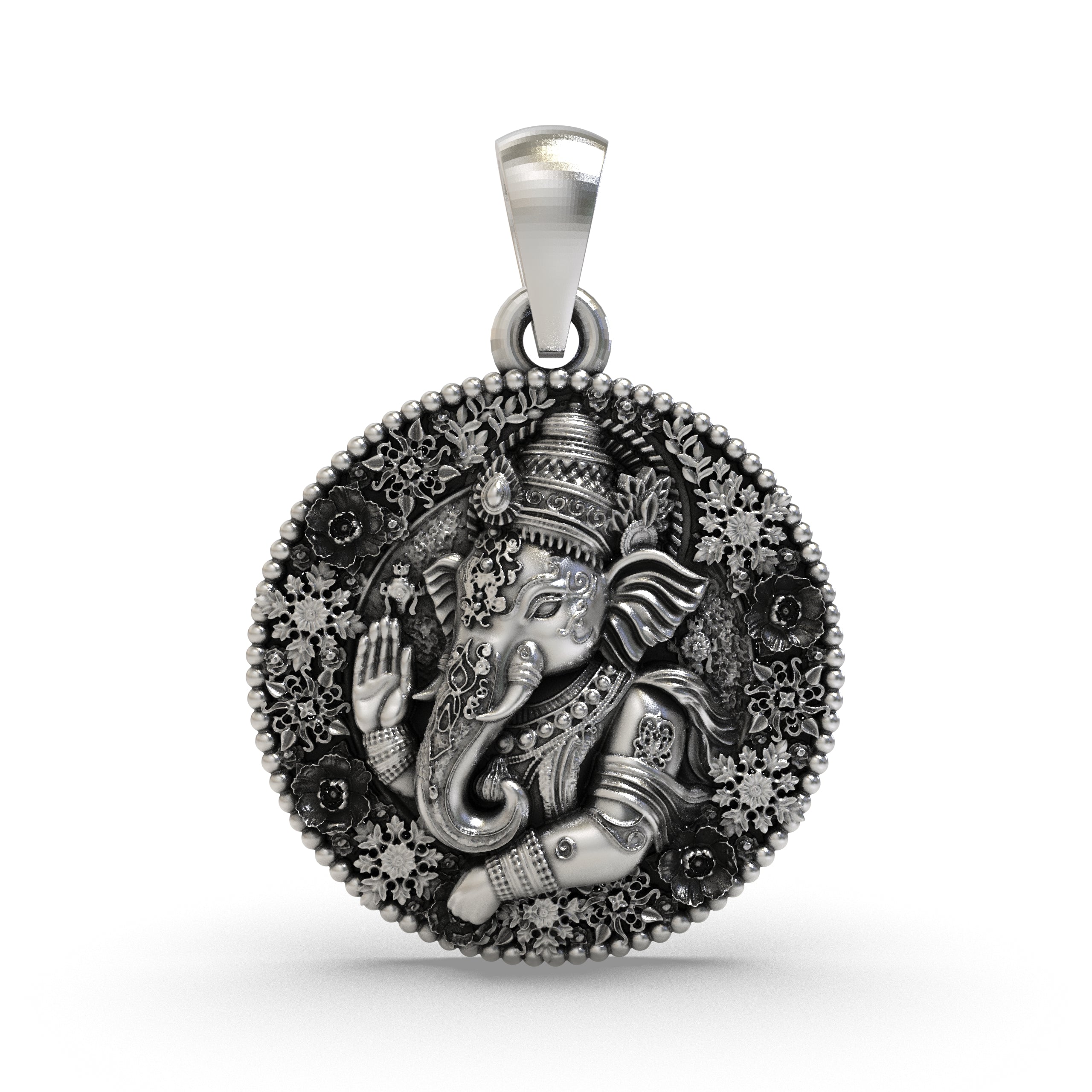 Front view of the 925 silver Ganesh pendant featuring intricate oxidized floral engravings. Main image
