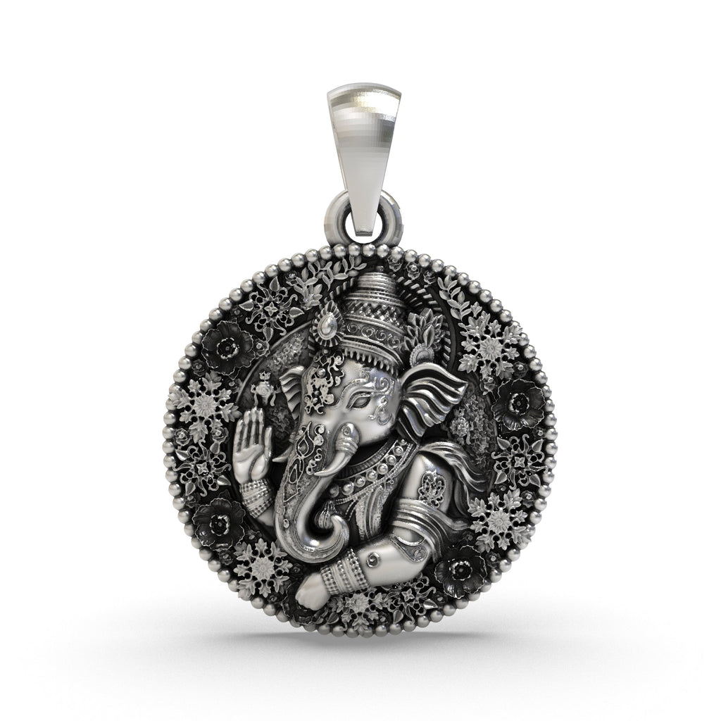 Front view of the 925 silver Ganesh pendant featuring intricate oxidized floral engravings.