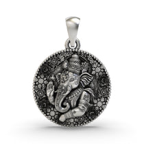 Front view of the 925 silver Ganesh pendant featuring intricate oxidized floral engravings.
