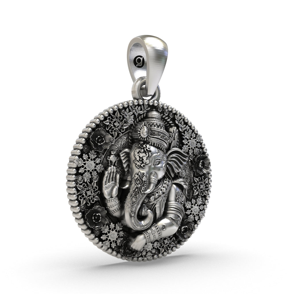 Side angle of the 925 sterling silver Ganesha pendant highlighting its lightweight hollow design.