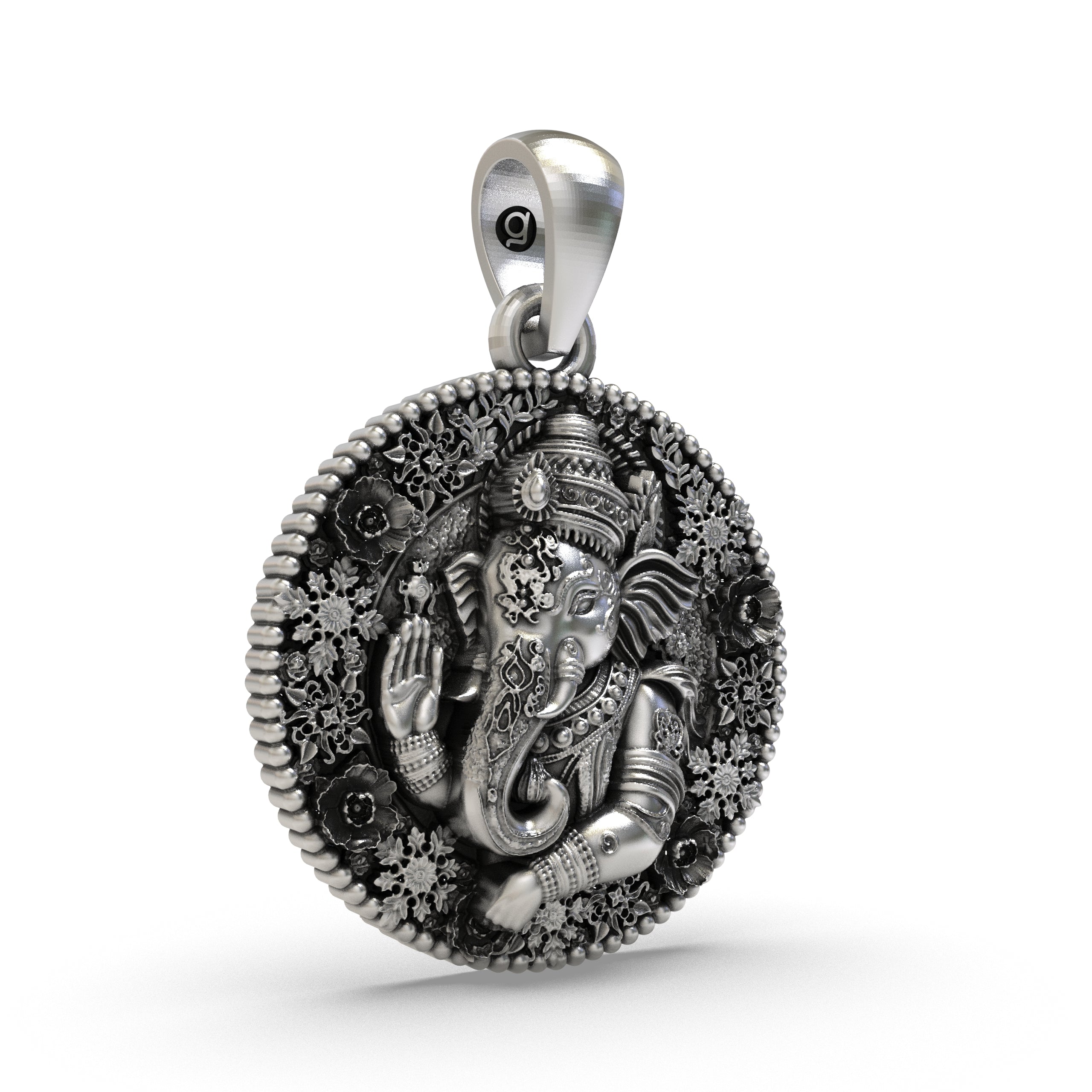 Side angle of the 925 sterling silver Ganesha pendant highlighting its lightweight hollow design.