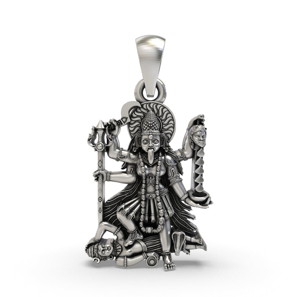 Front view of the 925 Sterling Silver Adya MahaKali Pendant showing oxidized antique details.