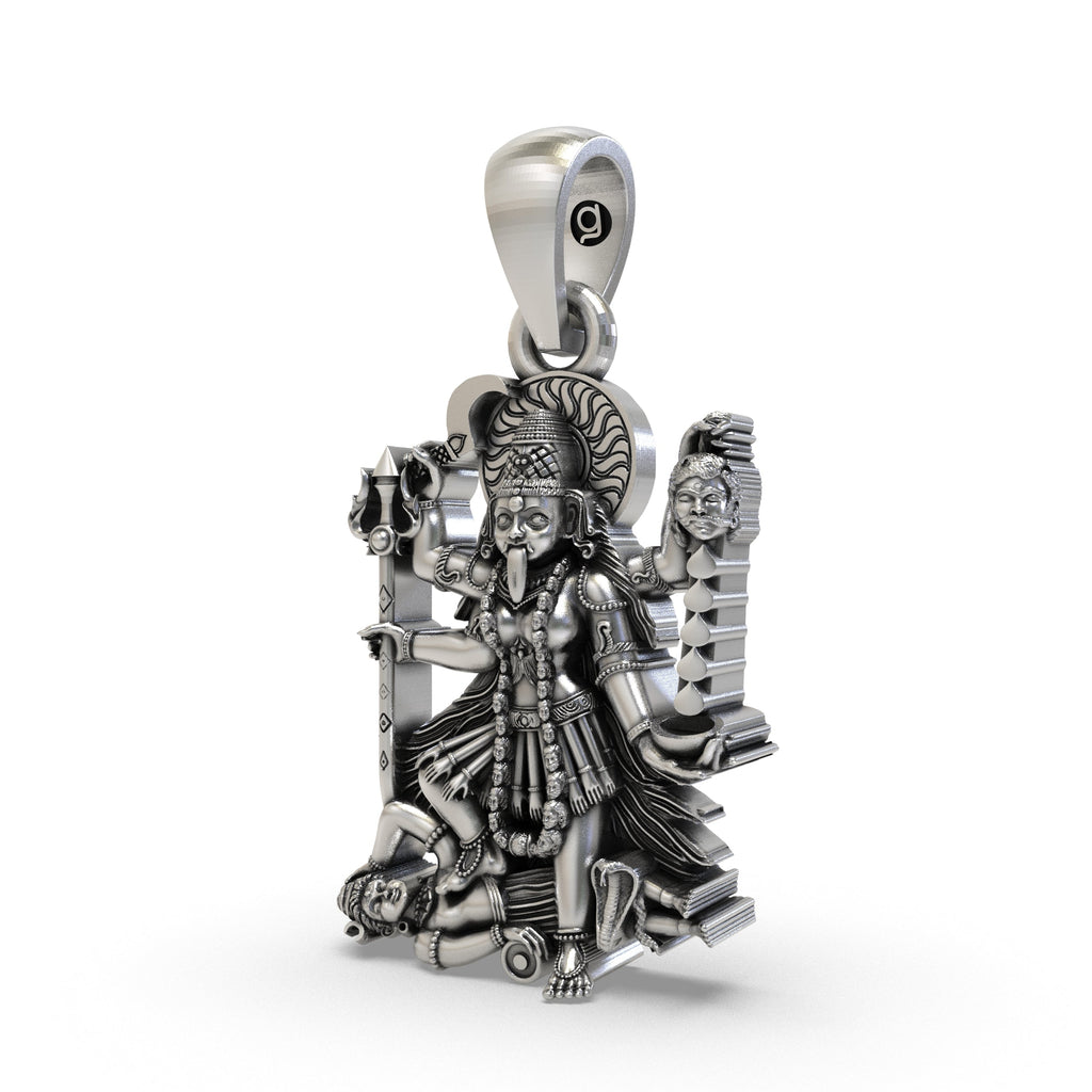 Close-up of the Kali Maa necklace in pure 925 silver highlighting intricate spiritual craftsmanship.