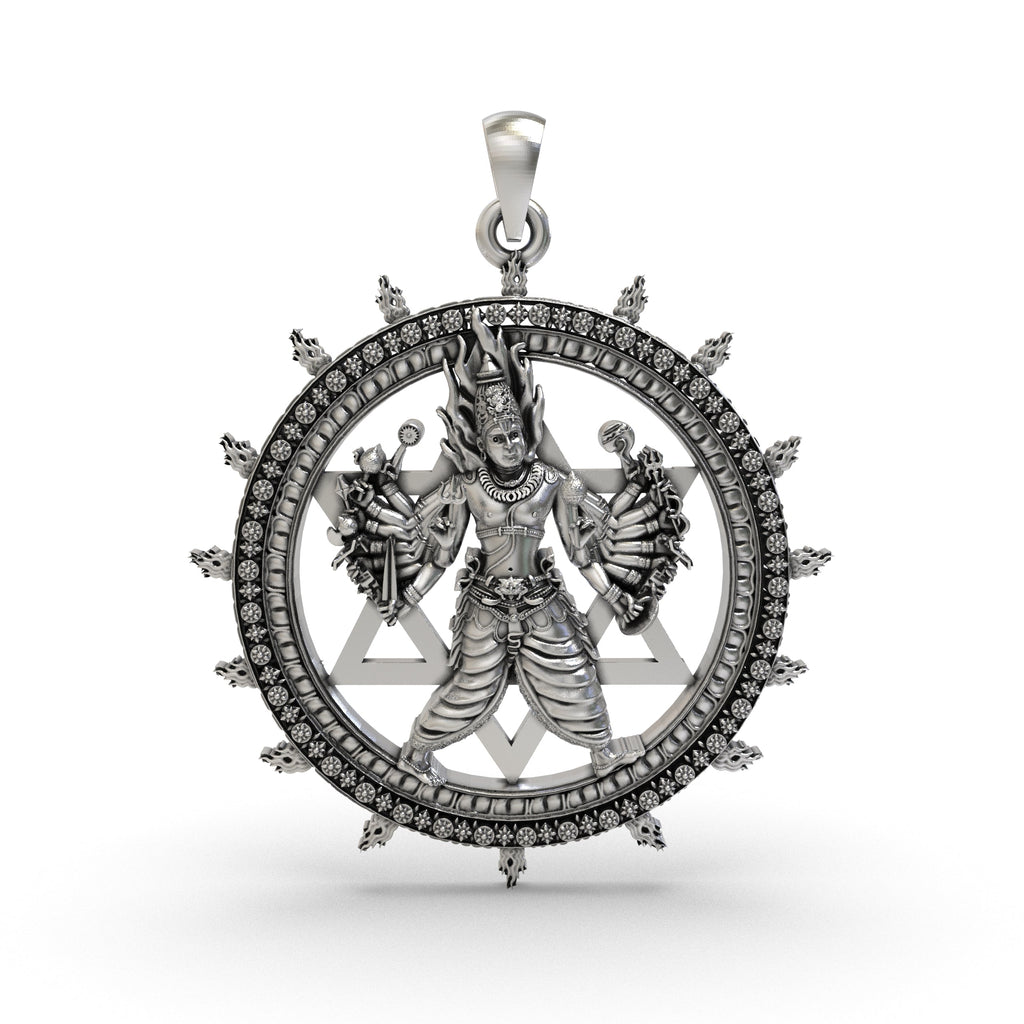 Front view of the 925 Silver Sudarshan Chakra Pendant featuring intricate Vishnu and Yantra details.