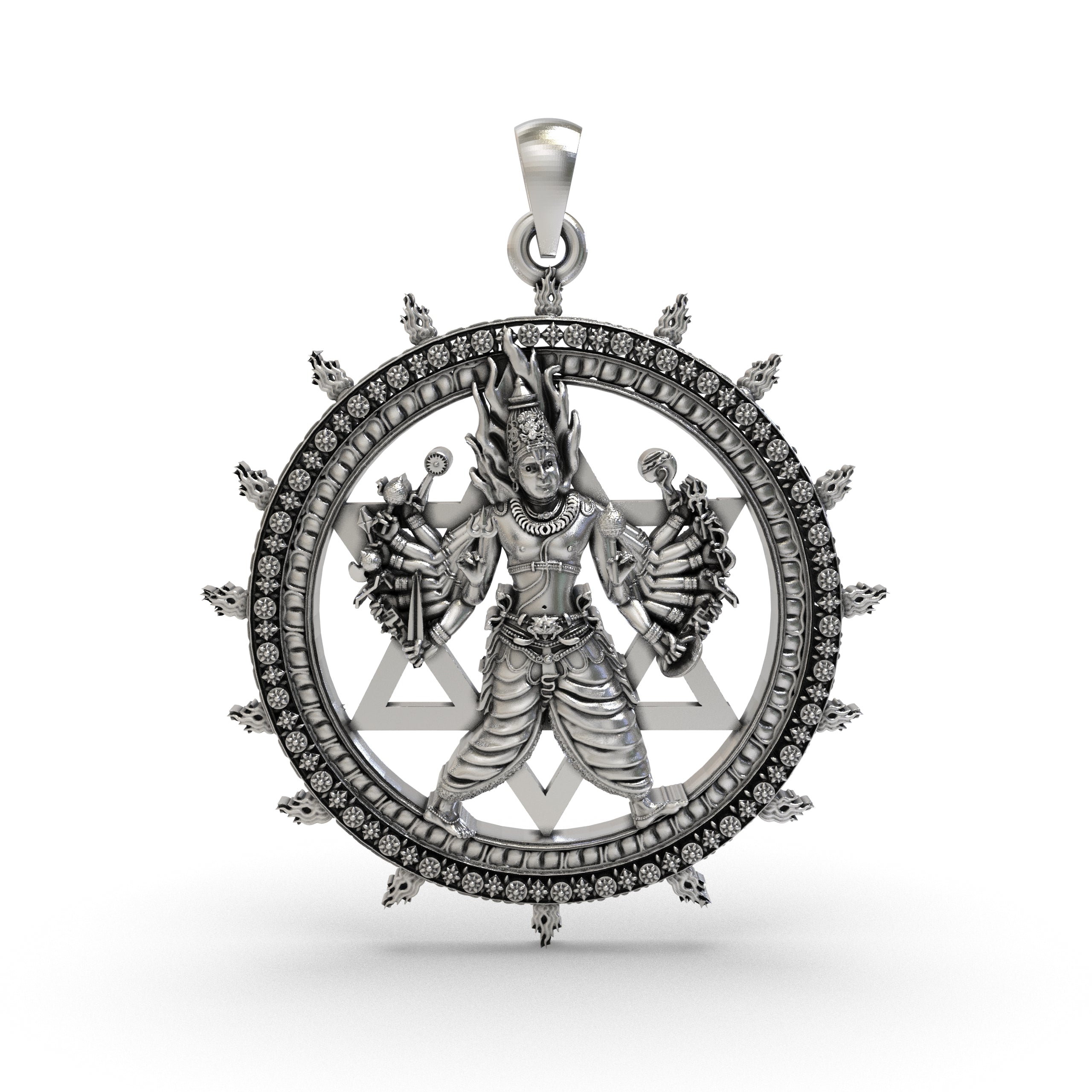 Front view of the 925 Silver Sudarshan Chakra Pendant featuring intricate Vishnu and Yantra details.