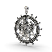 Close-up of the oxidized 925 sterling silver Sudarshan Chakra Yantra pendant showcasing divine craftsmanship.