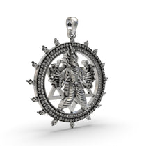 Side angle of the sacred Vishnu Sudarshan Chakra talisman highlighting the 2-inch sterling silver design.