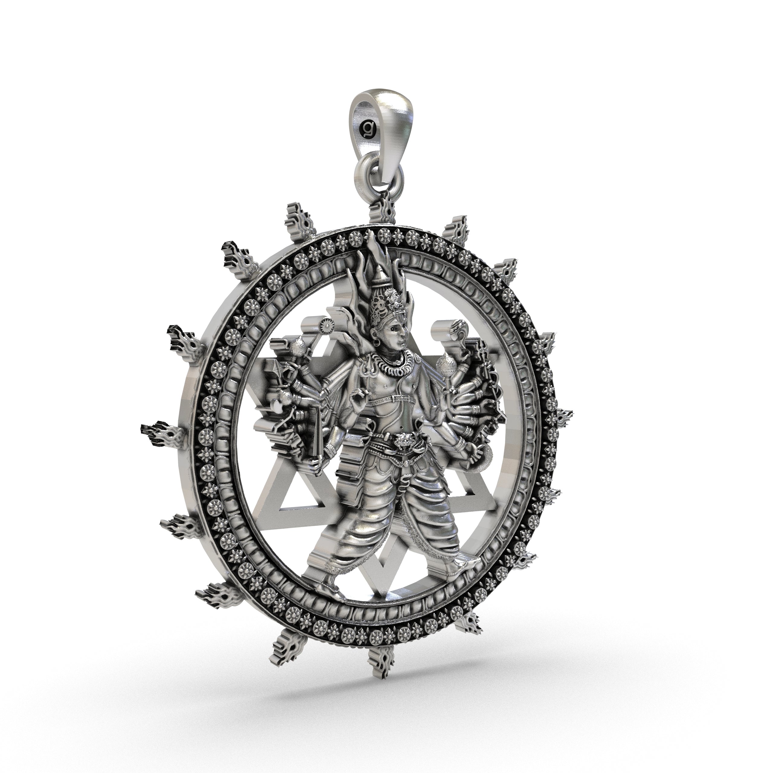 Side angle of the sacred Vishnu Sudarshan Chakra talisman highlighting the 2-inch sterling silver design.