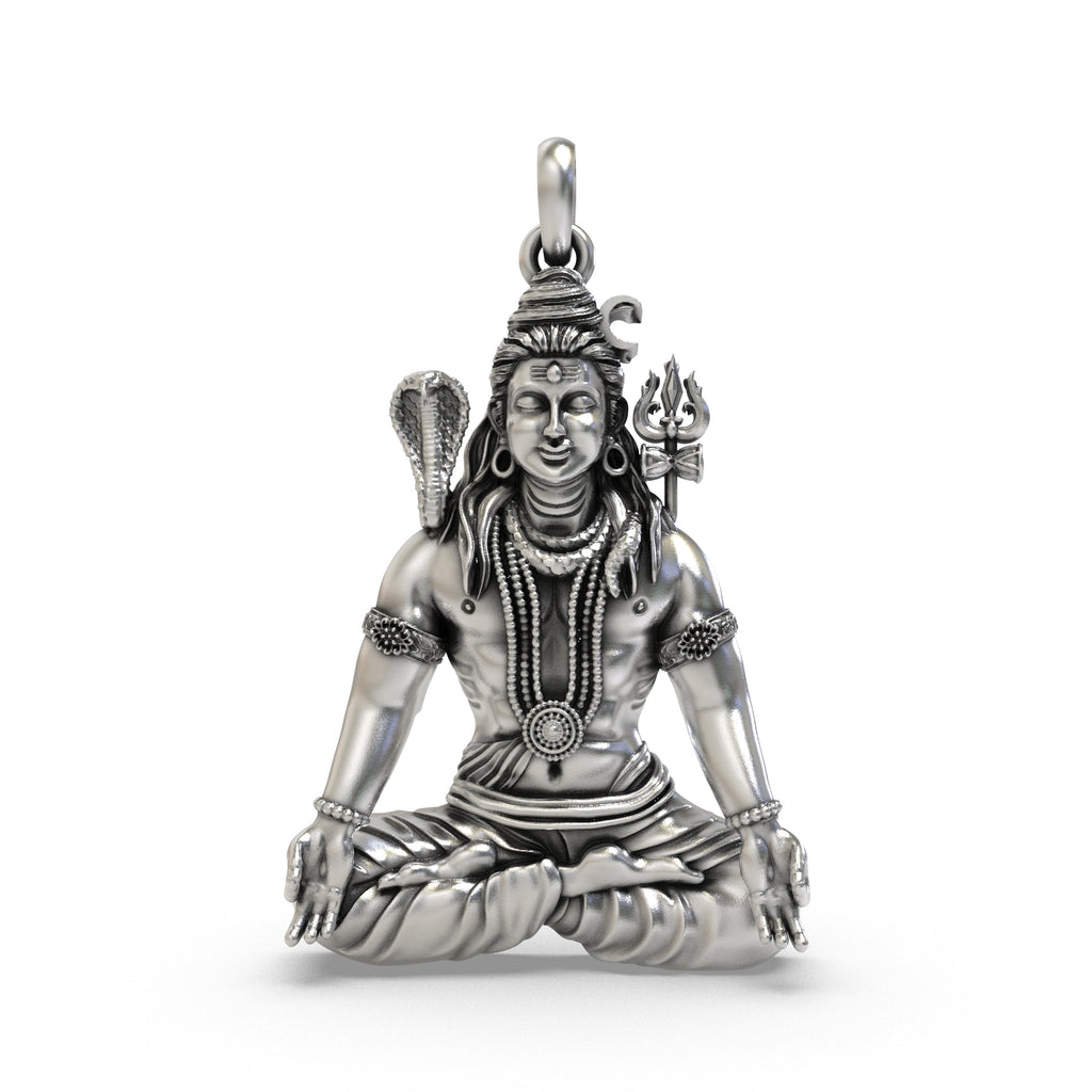 Front view of the 925 Silver Shiva Meditation Pendant showing the serene yogic pose and oxidized detailing.