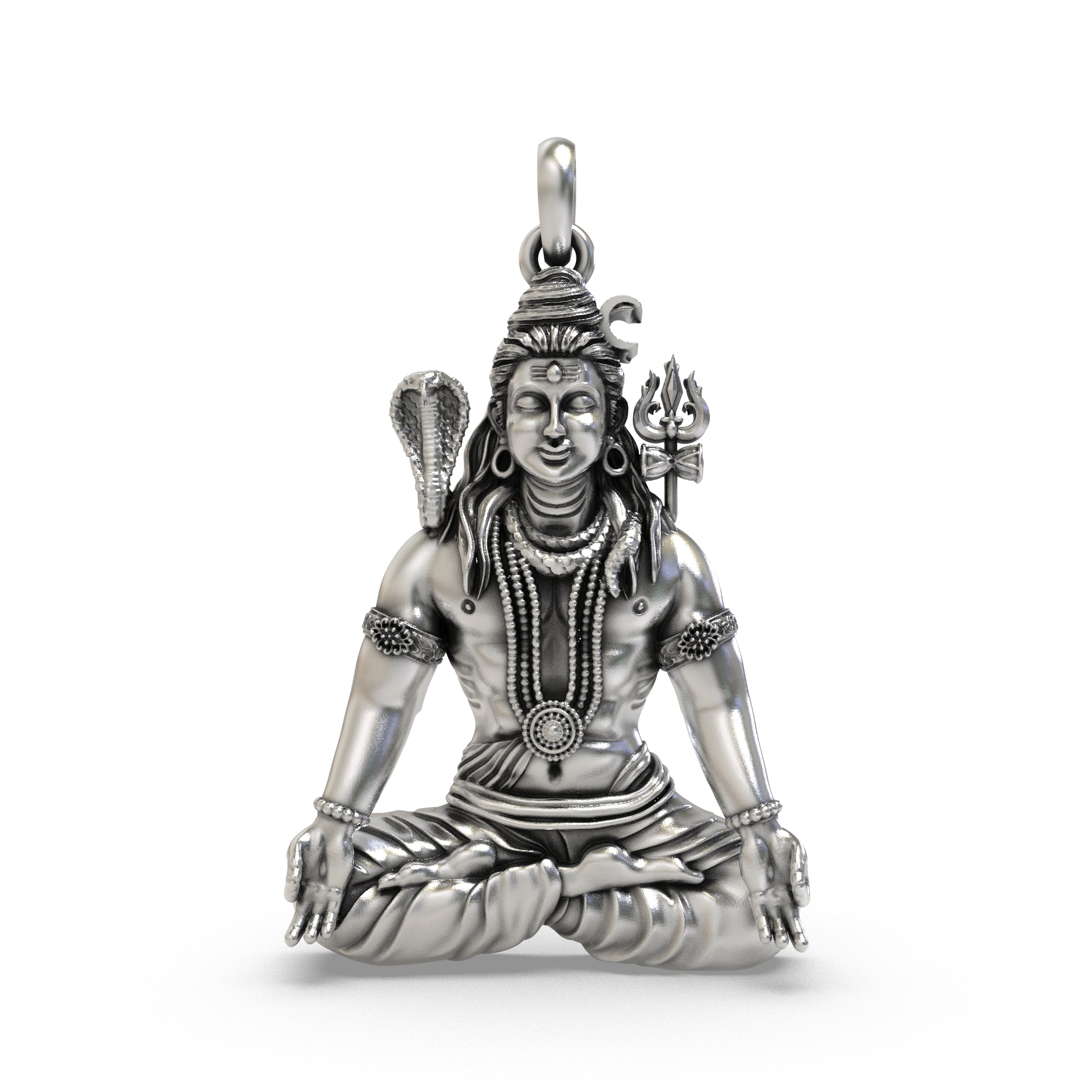 Front view of the 925 Silver Shiva Meditation Pendant showing the serene yogic pose and oxidized detailing.