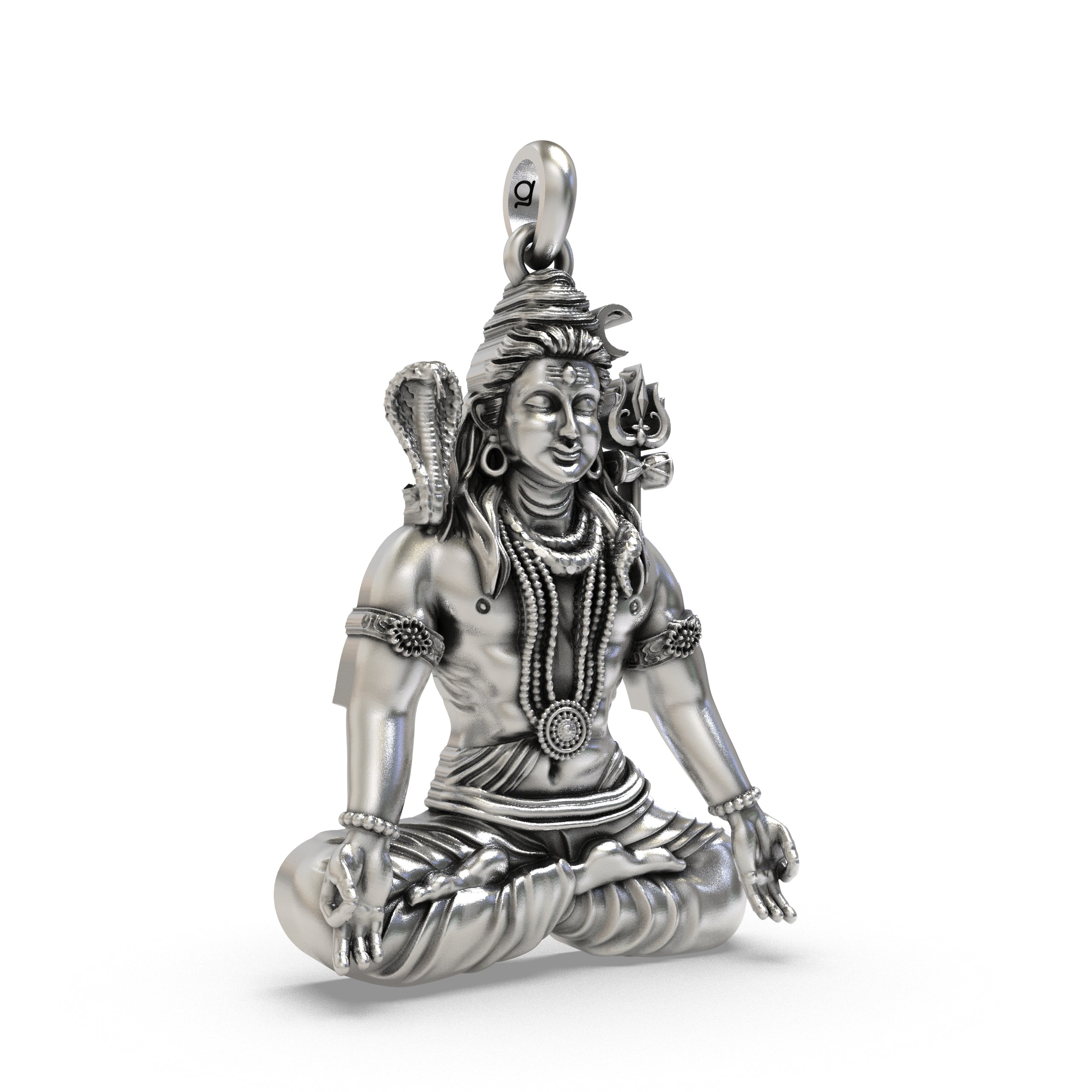 Angled view of the pure sterling silver Shiva meditation pendant displaying its lightweight hollow backside.