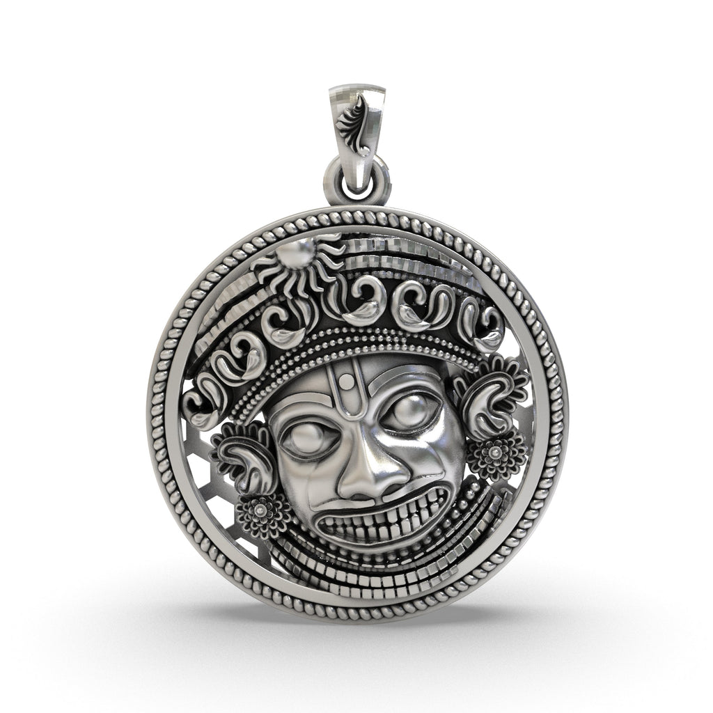 Front view of the 925 silver Kashtbhanjandev Salangpur Hanumanji pendant featuring oxidized detailing.
