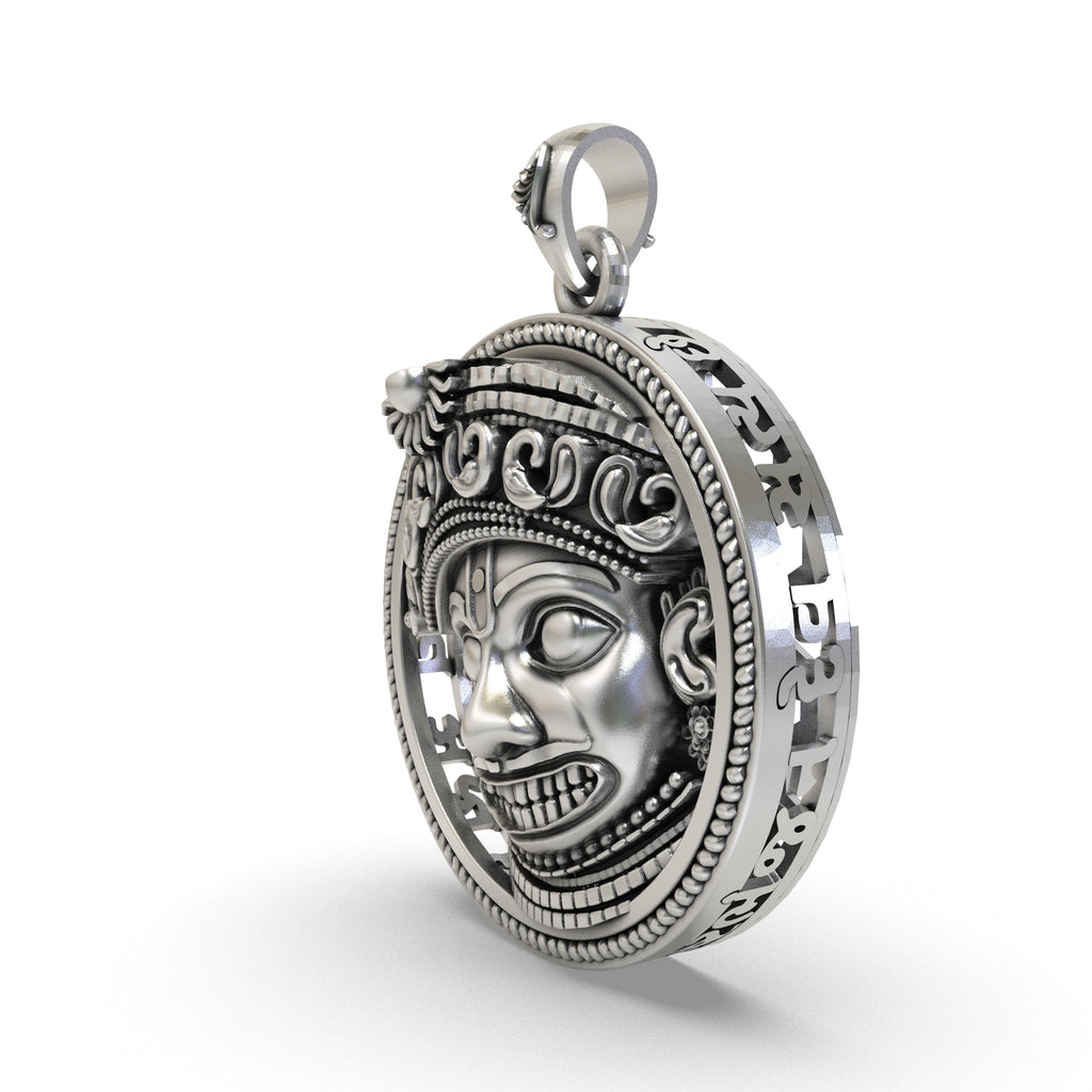 Close-up of the antique oxidized finish on our 925 silver Salangpur Hanumanji protection pendant.