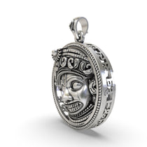 Close-up of the antique oxidized finish on our 925 silver Salangpur Hanumanji protection pendant.