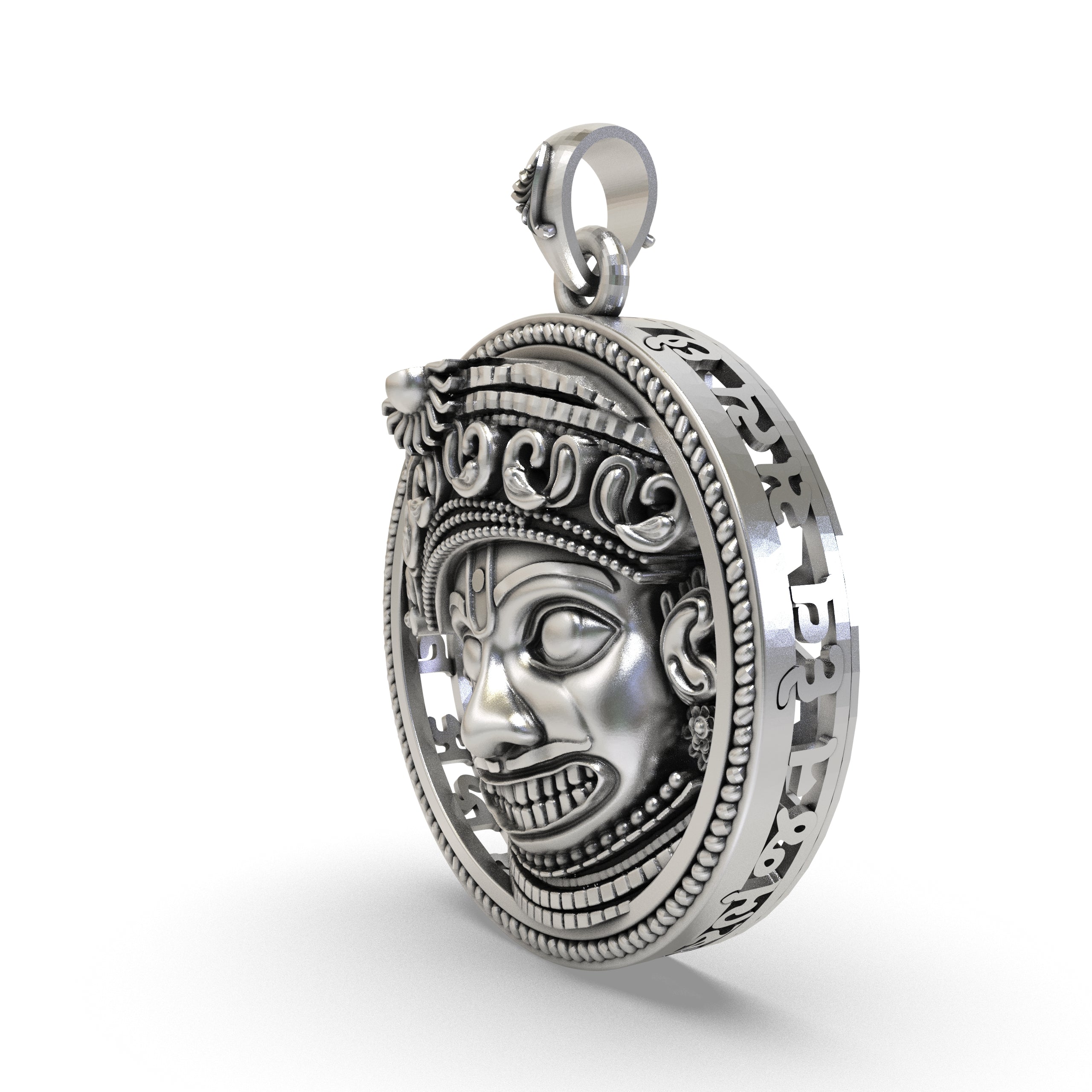 Close-up of the antique oxidized finish on our 925 silver Salangpur Hanumanji protection pendant.