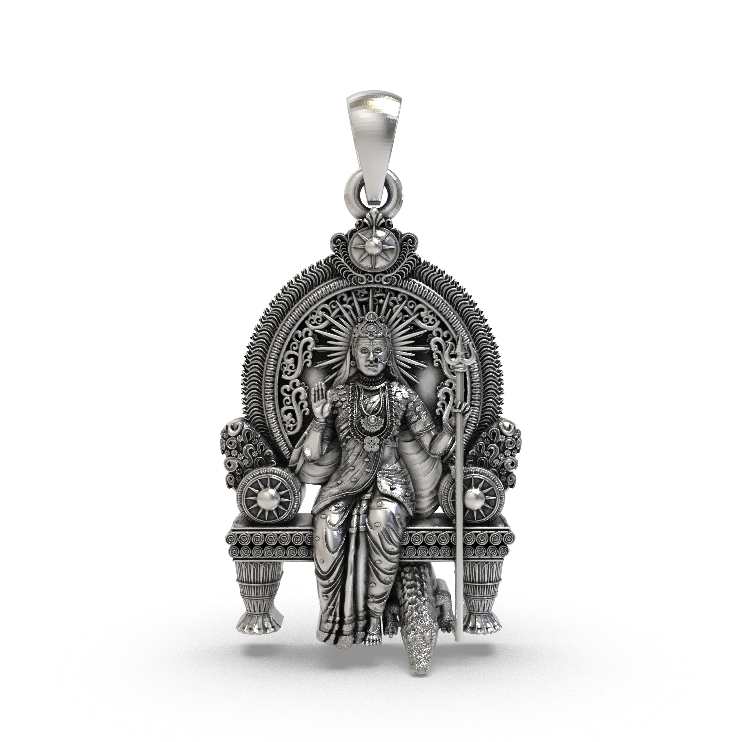 Front view of the 925 Silver Khodiyar Maa Pendant showcasing intricate detailing in pure sterling silver. Main image