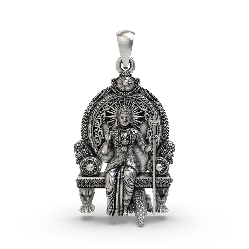 Front view of the 925 Silver Khodiyar Maa Pendant showcasing intricate detailing in pure sterling silver.