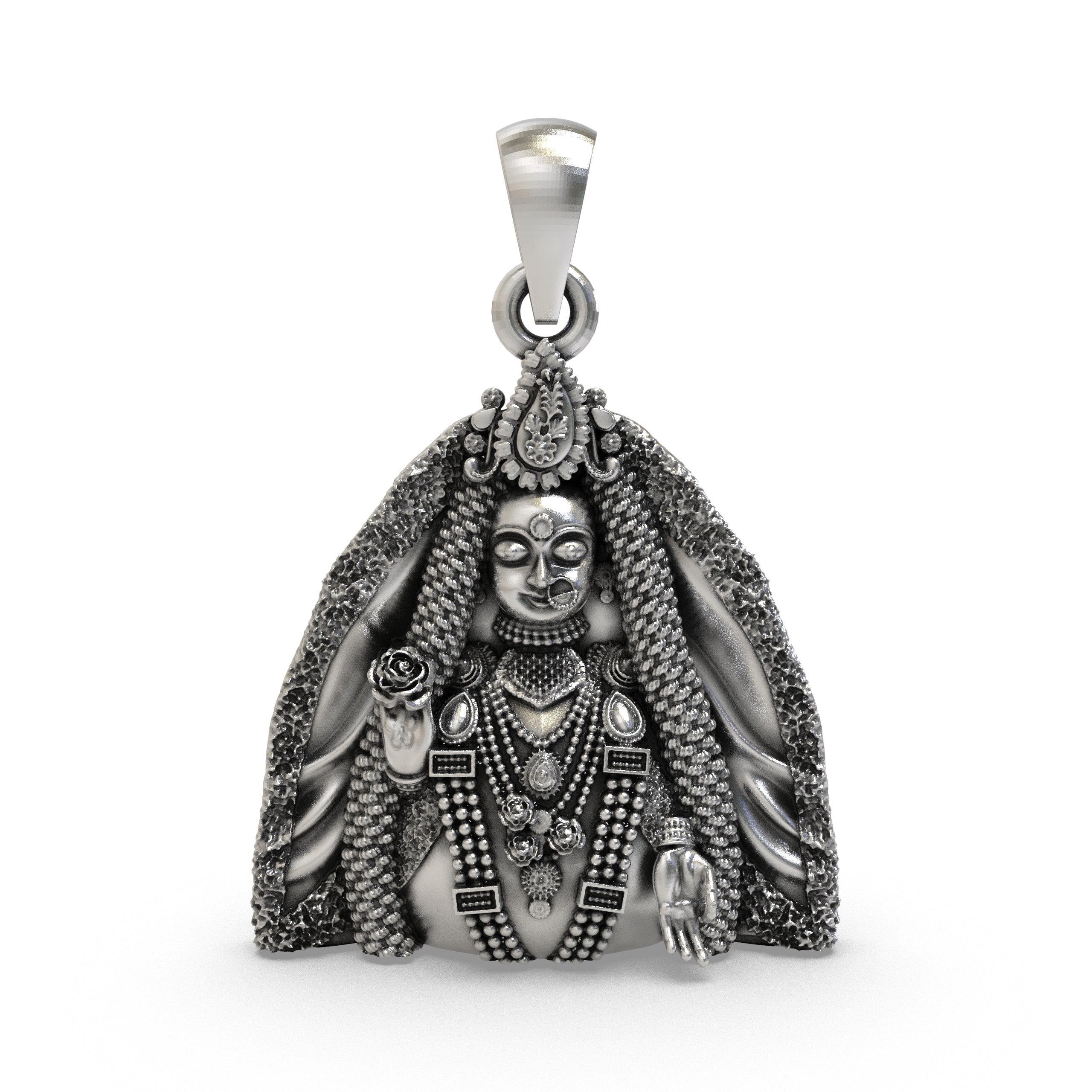 Front view of the 925 Silver Radharani Pendant in pure sterling silver featuring intricate divine details.