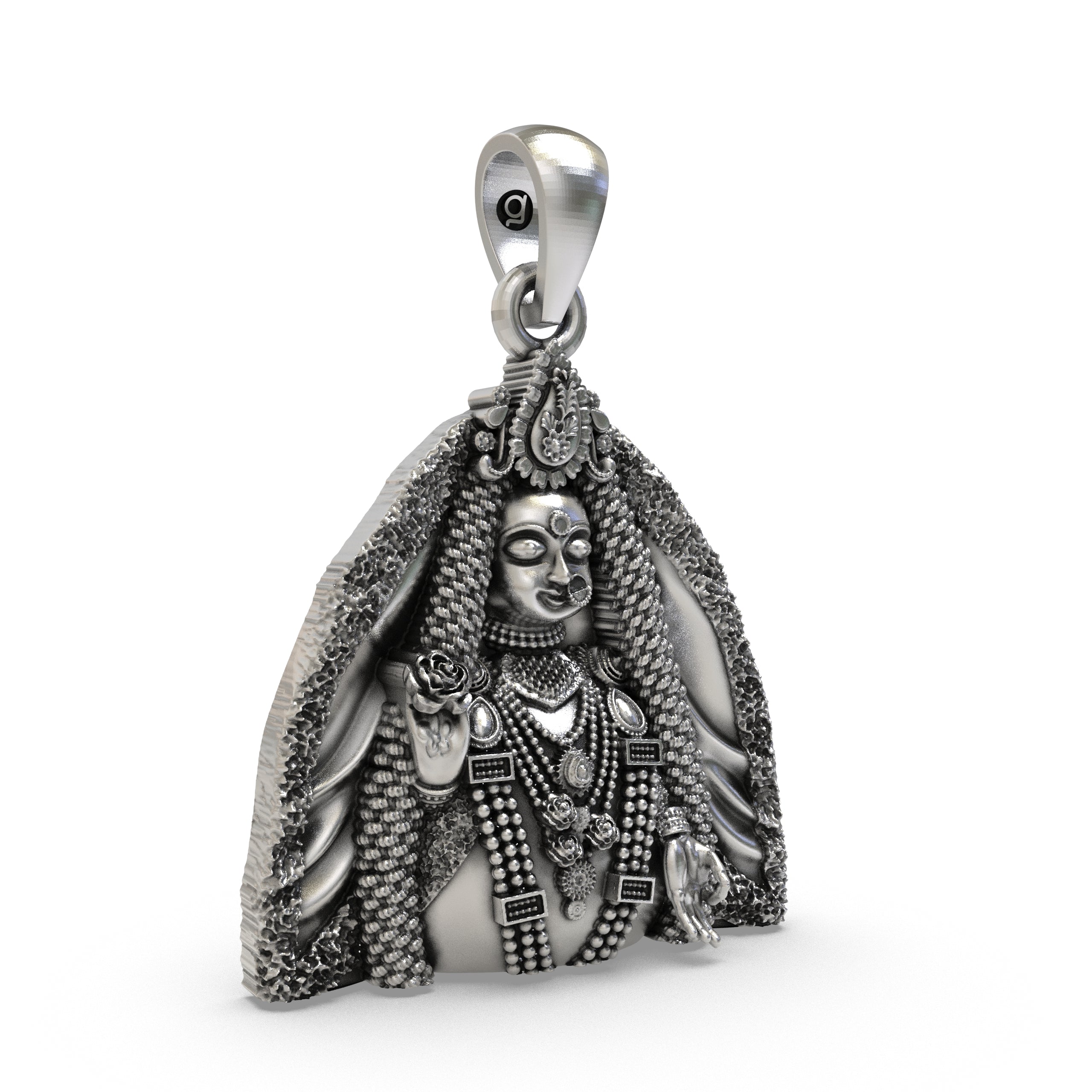 Side profile of the 925 sterling silver Radharani devotional pendant highlighting its elegant 30mm design.