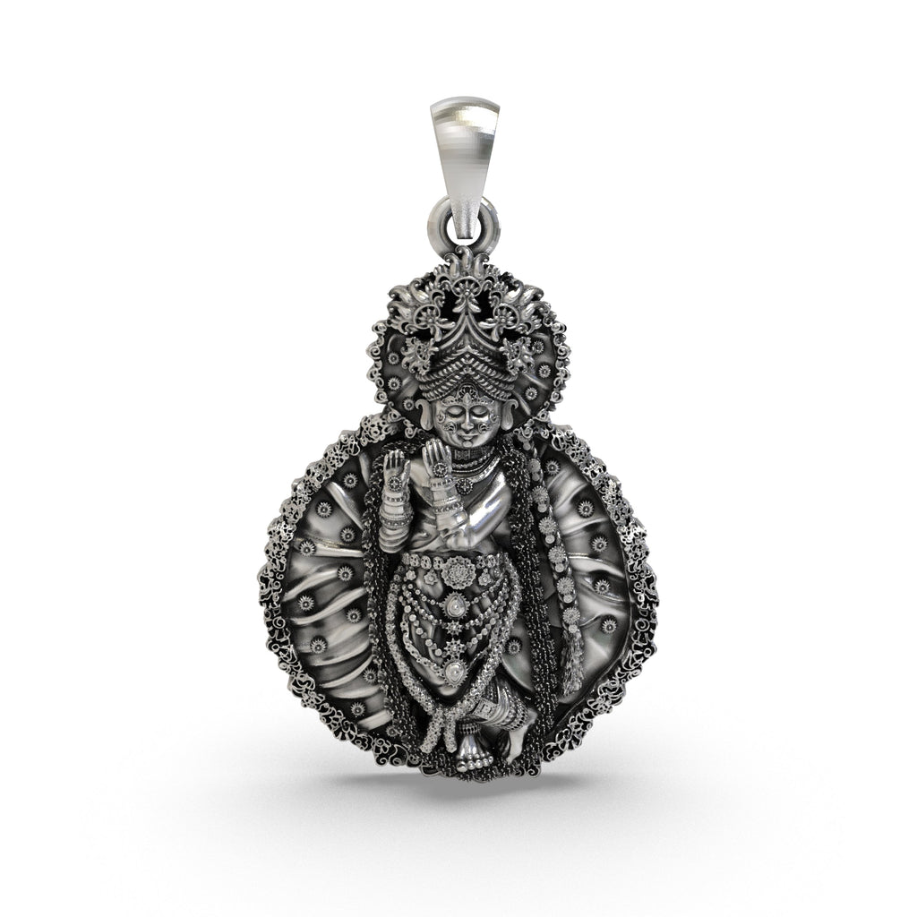 Front view of the 925 Silver Radha Vallabha Sampradaya Pendant showing intricate devotional detailing.
